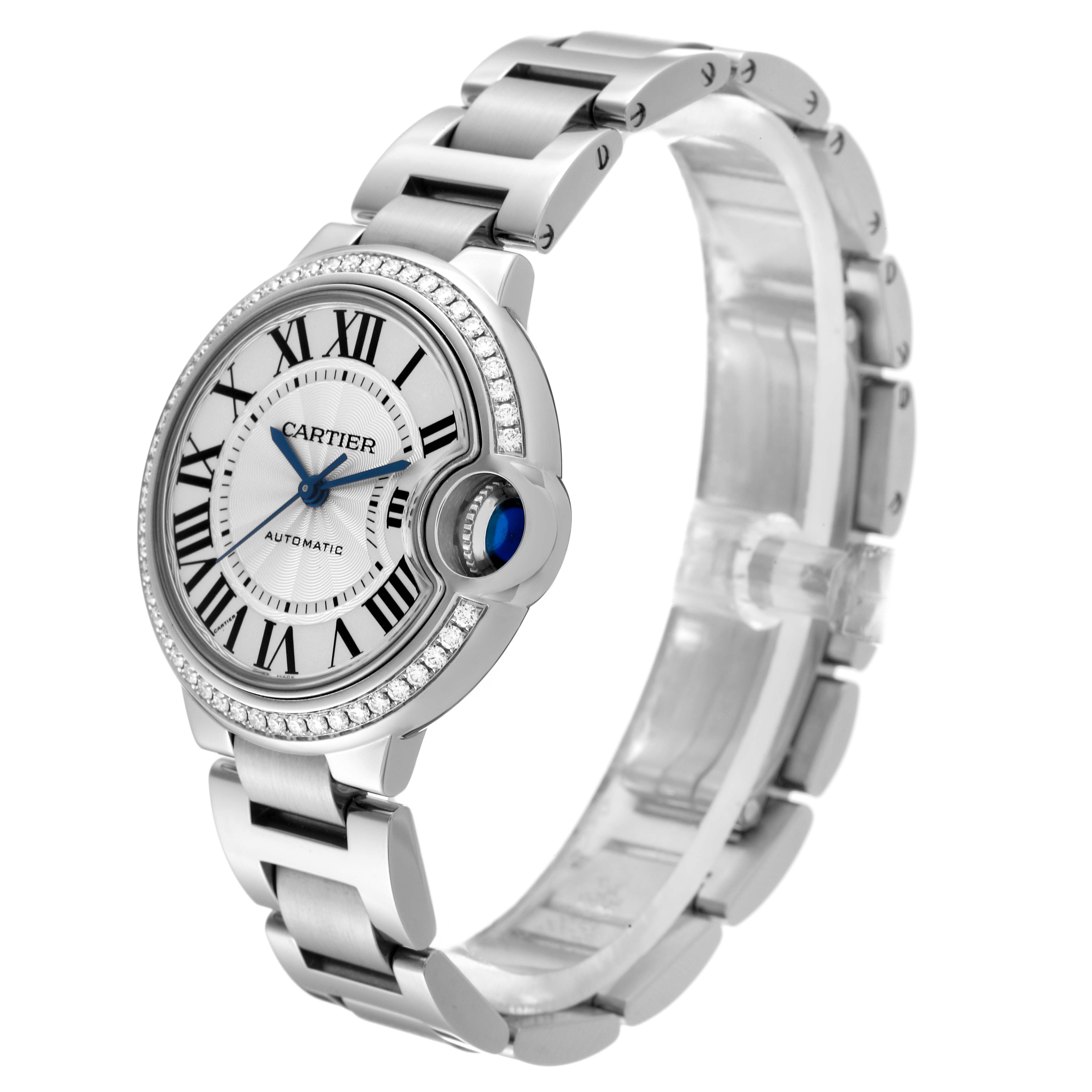 The Cartier Ballon Bleu W4BB0016 Women's Stainless Steel Silver Dial W4BB0016 Women's Stainless Steel Silver Dial watch is shown in a side angle view highlighting the case, dial, bracelet, and crown with a blue cabochon.