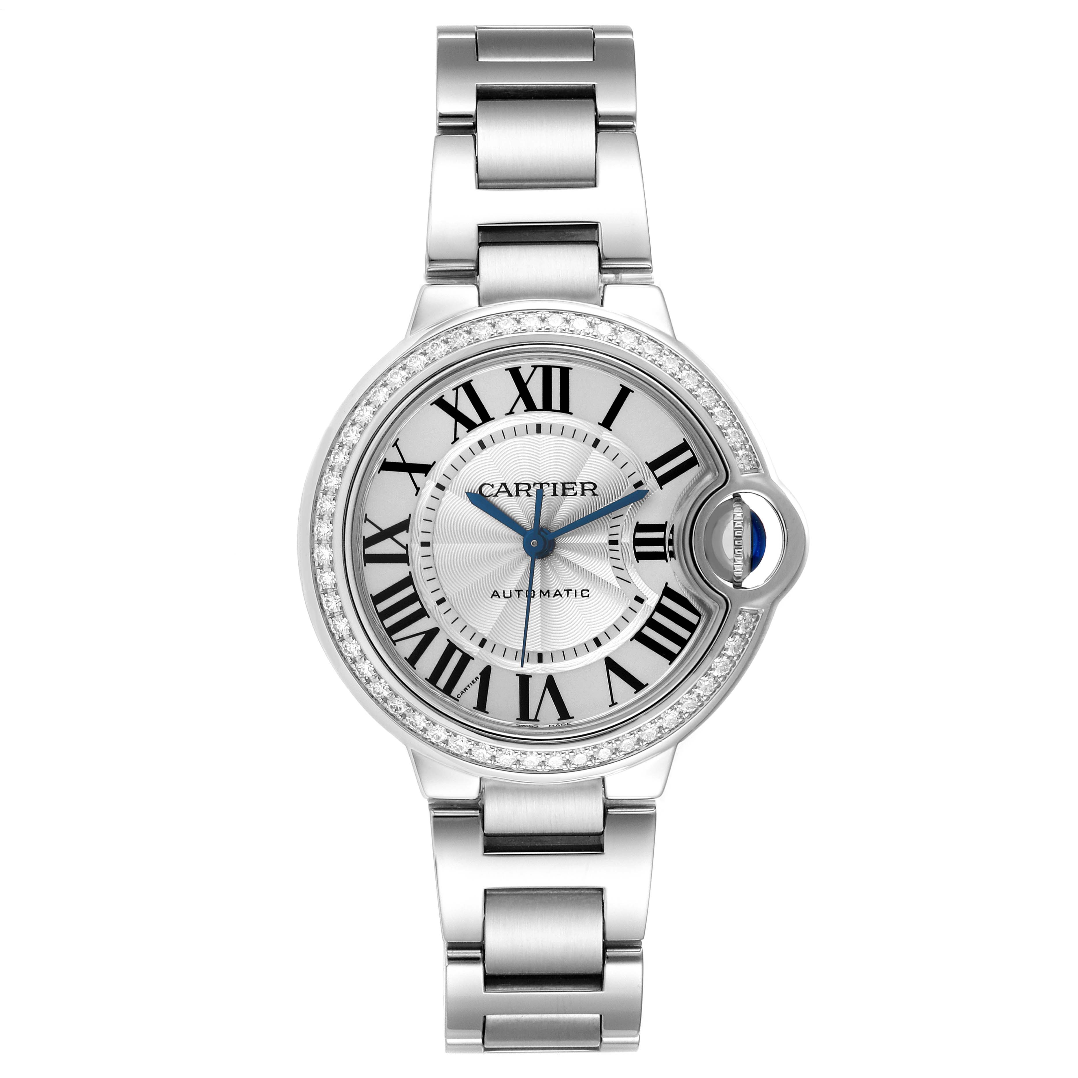 The image shows a front view of the Cartier Ballon Bleu W4BB0016 Women's Stainless Steel Silver Dial W4BB0016 Women's Stainless Steel Silver Dial watch, highlighting the face and bracelet.