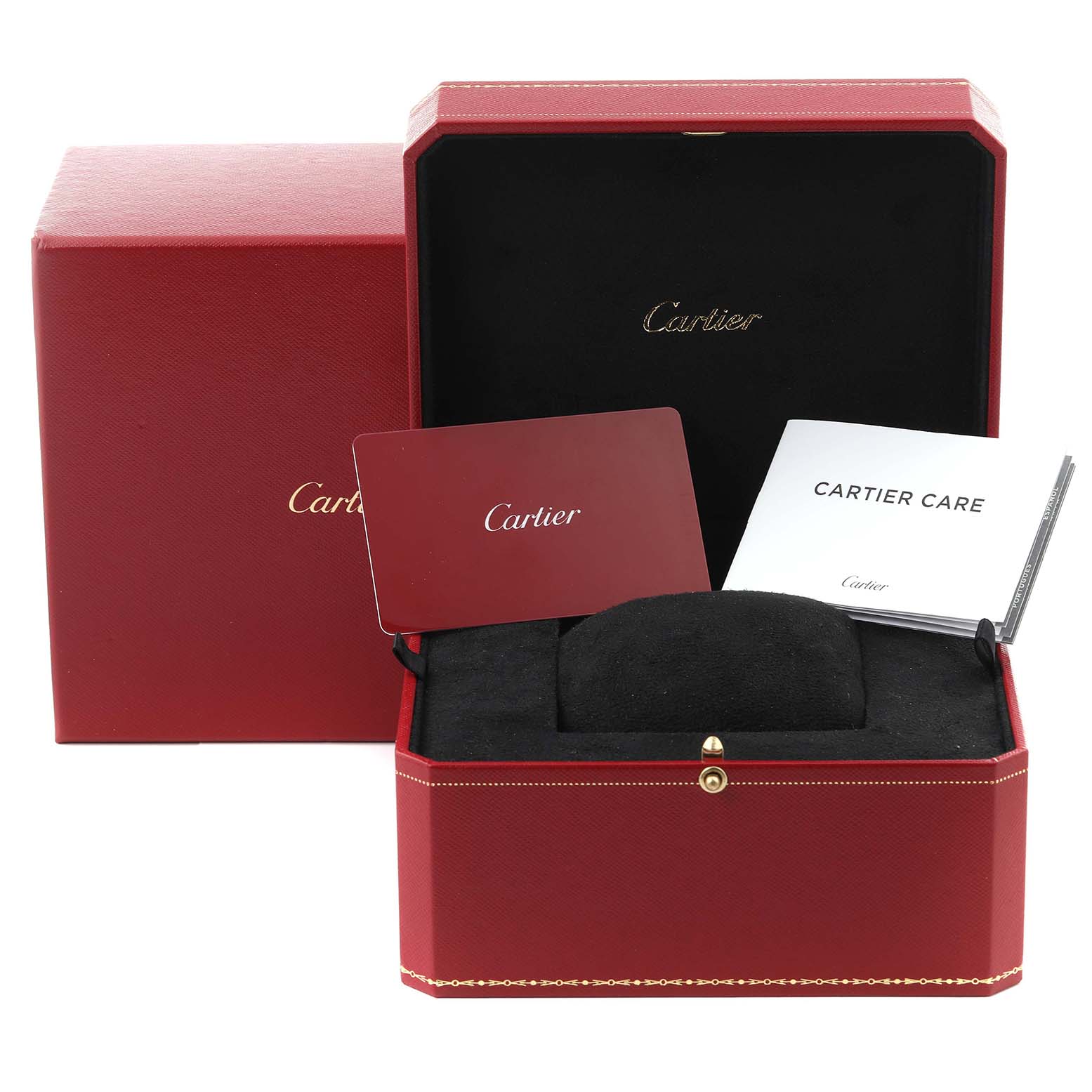 The image shows a red Cartier box and accessories for the Ballon Bleu model.