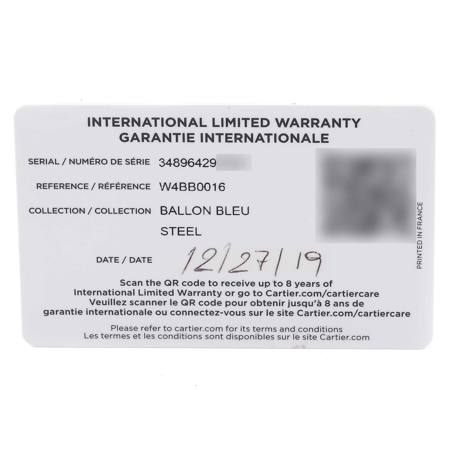 The image shows the warranty card for the Cartier Ballon Bleu W4BB0016 Women's Stainless Steel Silver Dial W4BB0016 Women's Stainless Steel Silver Dial watch, displaying details like serial number and purchase date.