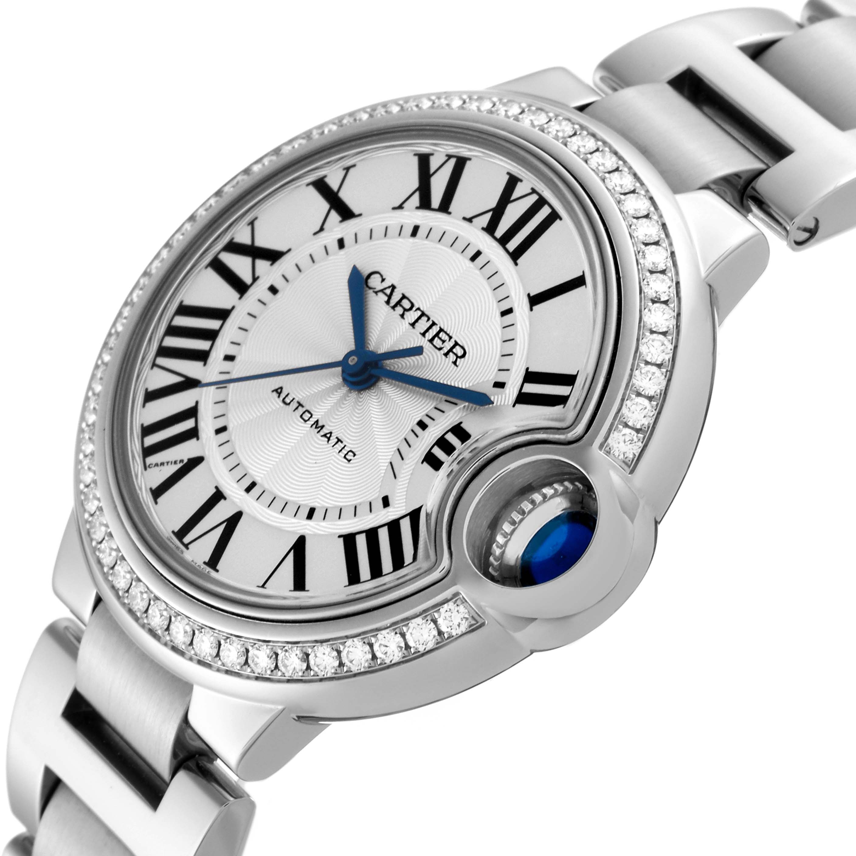The Cartier Ballon Bleu W4BB0016 Women's Stainless Steel Silver Dial W4BB0016 Women's Stainless Steel Silver Dial watch is shown at an angle highlighting its face, Roman numerals, crown, and bracelet.