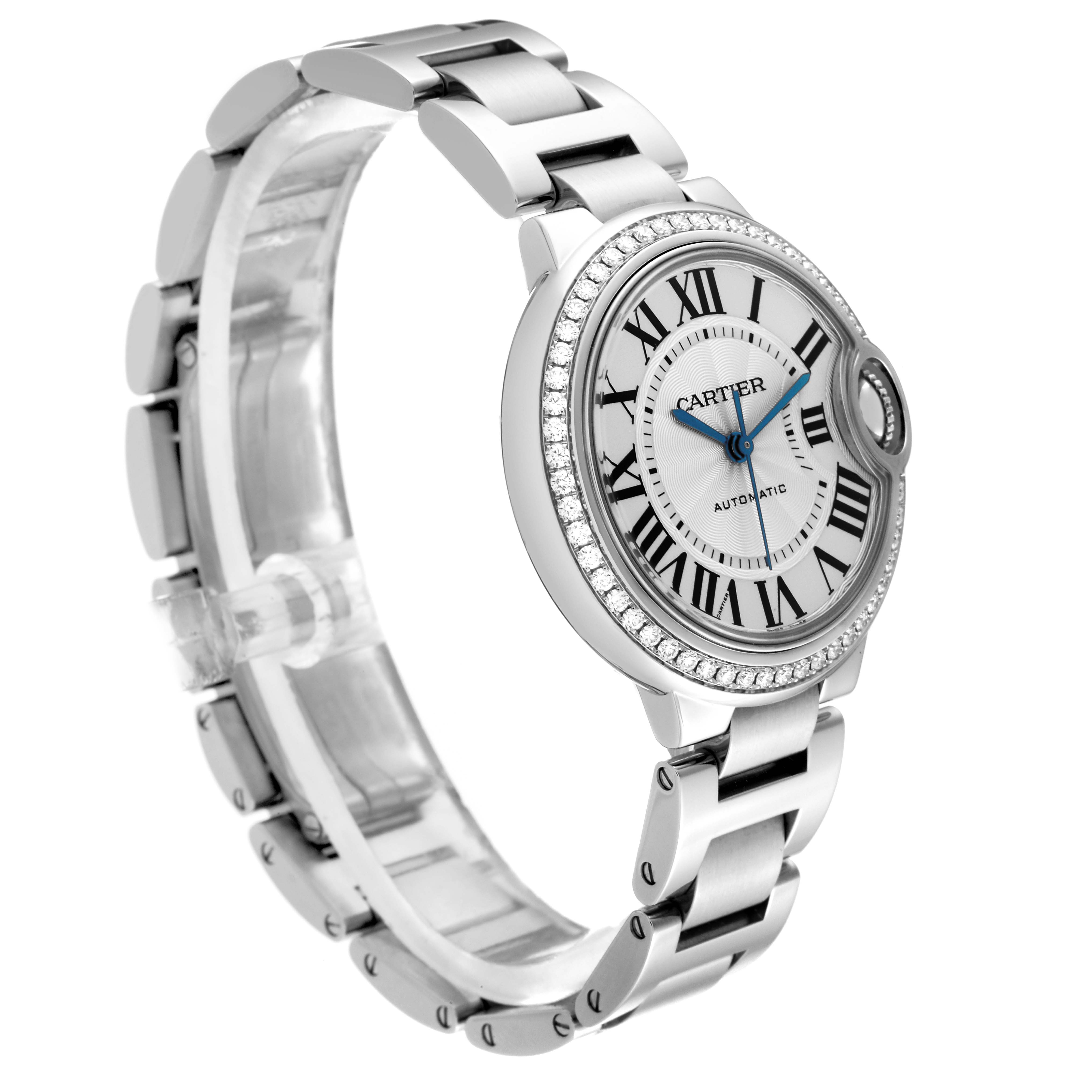 The Cartier Ballon Bleu W4BB0016 Women's Stainless Steel Silver Dial W4BB0016 Women's Stainless Steel Silver Dial watch is shown at a side angle, displaying the face, Roman numerals, and a portion of the bracelet.