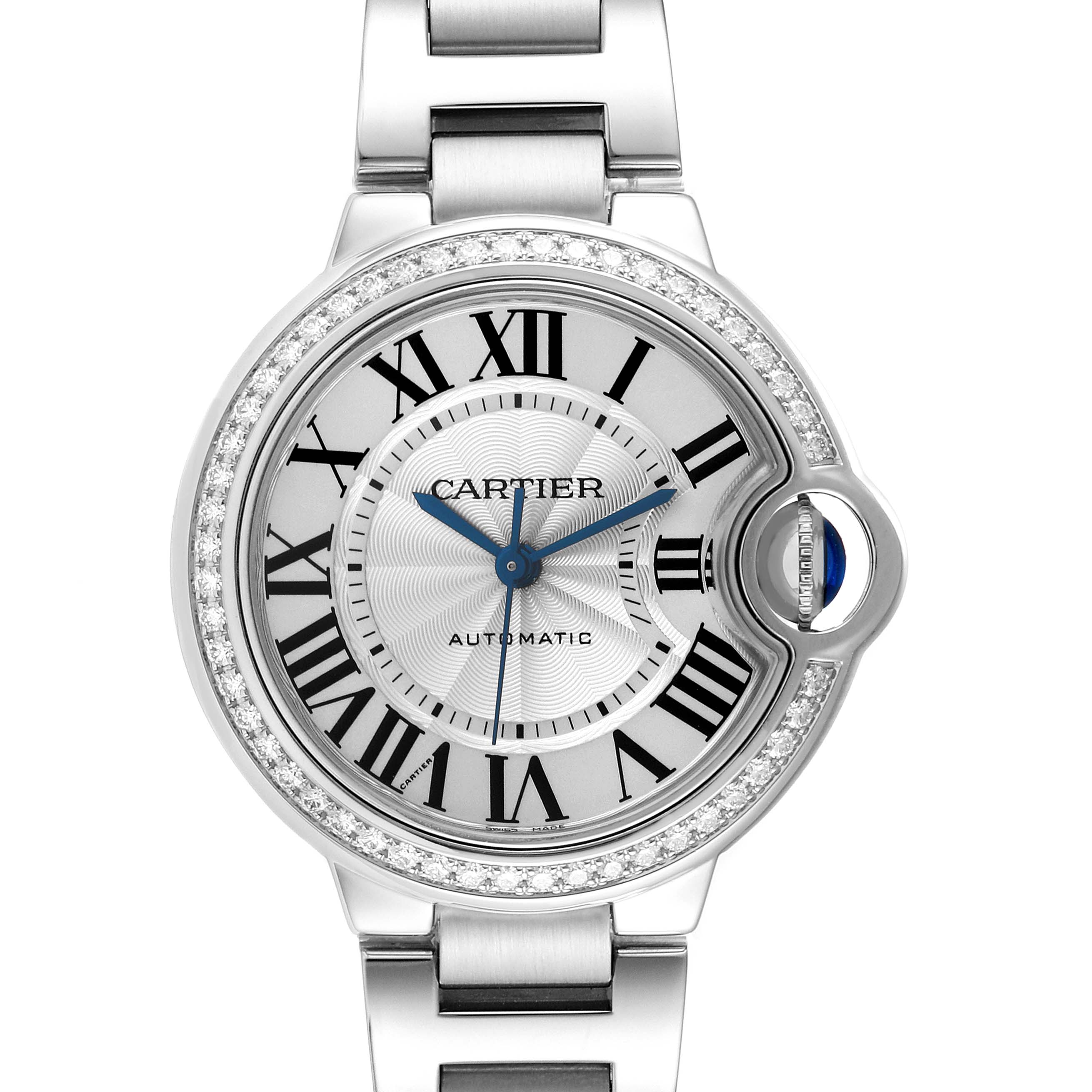 The Cartier Ballon Bleu W4BB0016 Women's Stainless Steel Silver Dial W4BB0016 Women's Stainless Steel Silver Dial watch is shown from a front view, highlighting the face, bezel, bracelet, and crown.