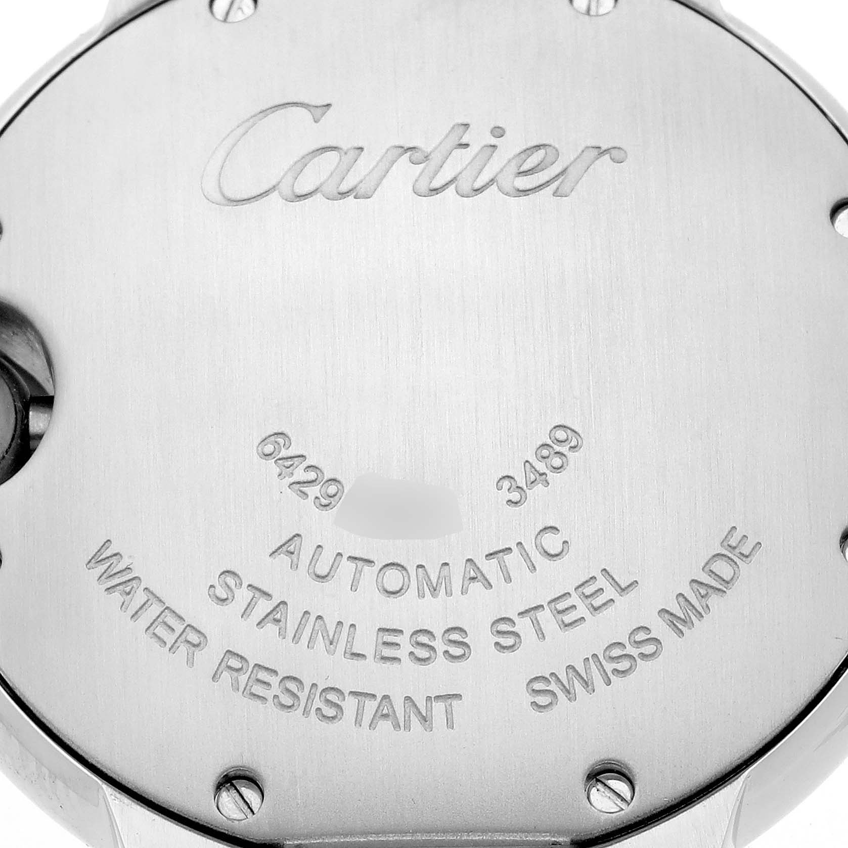 The image shows the back case of a Cartier Ballon Bleu W4BB0016 Women's Stainless Steel Silver Dial W4BB0016 Women's Stainless Steel Silver Dial watch, highlighting engraving details and screws.