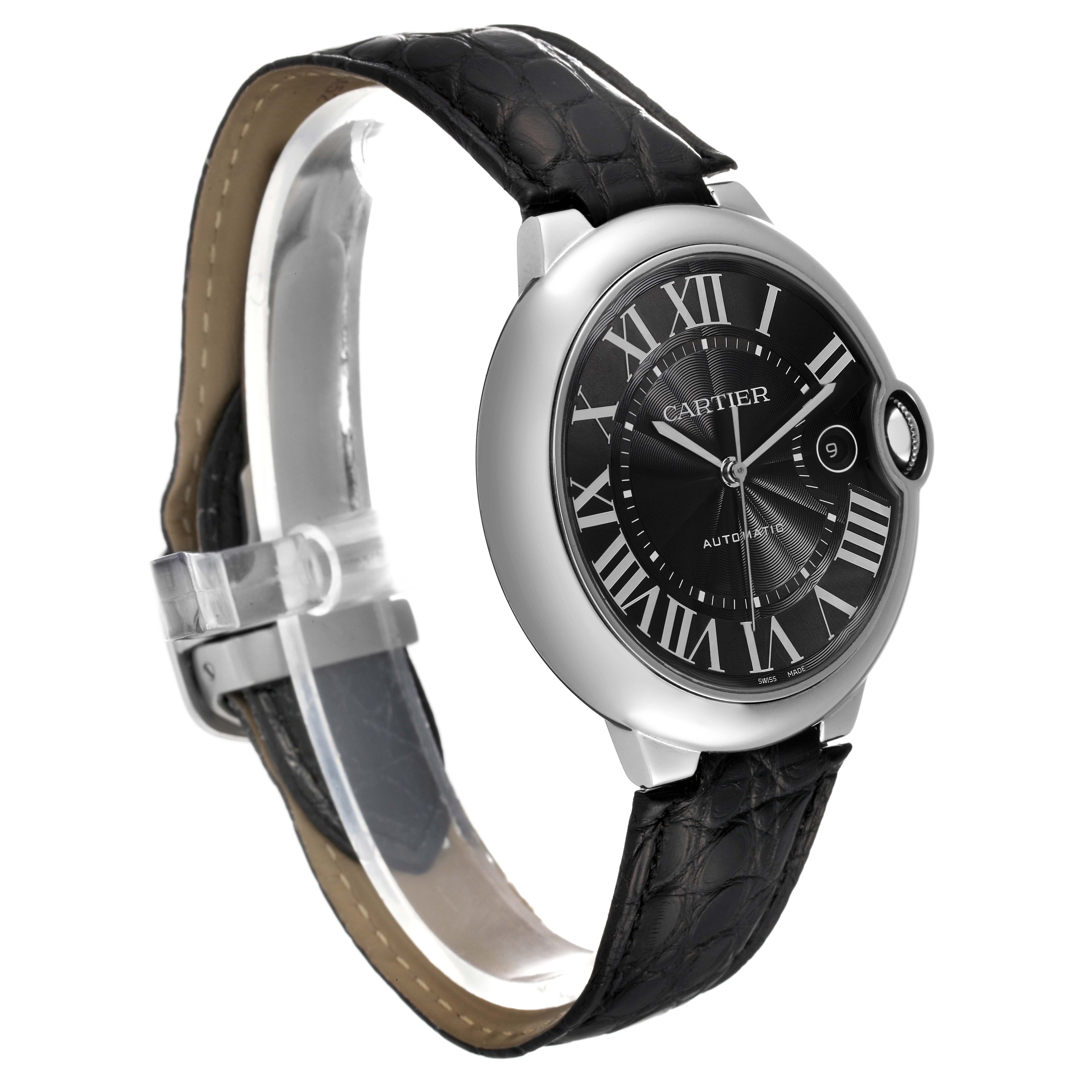 This Cartier Ballon Bleu WSBB0003 Men's Stainless Steel Black Dial WSBB0003 Men's Stainless Steel Black Dial model is shown at a slight angle, displaying the black leather strap, round case, and roman numeral dial.