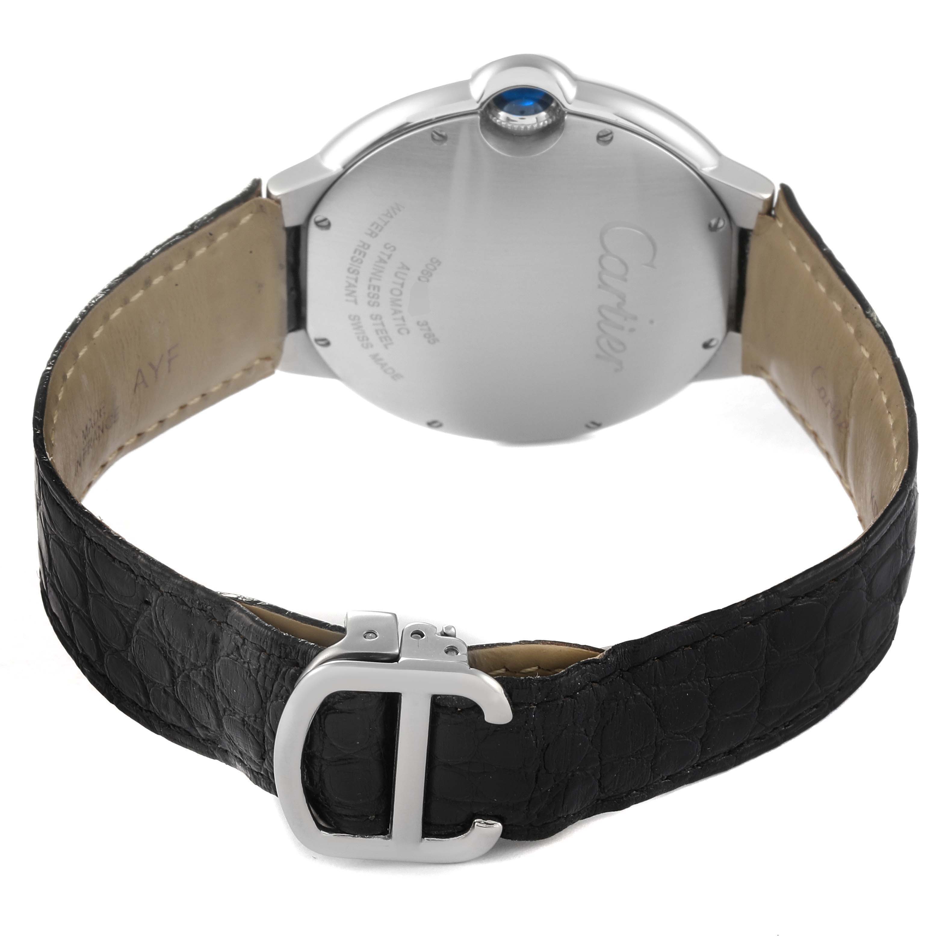 The image shows the back view of a Ballon Bleu model by Cartier, displaying the caseback, strap, and buckle.