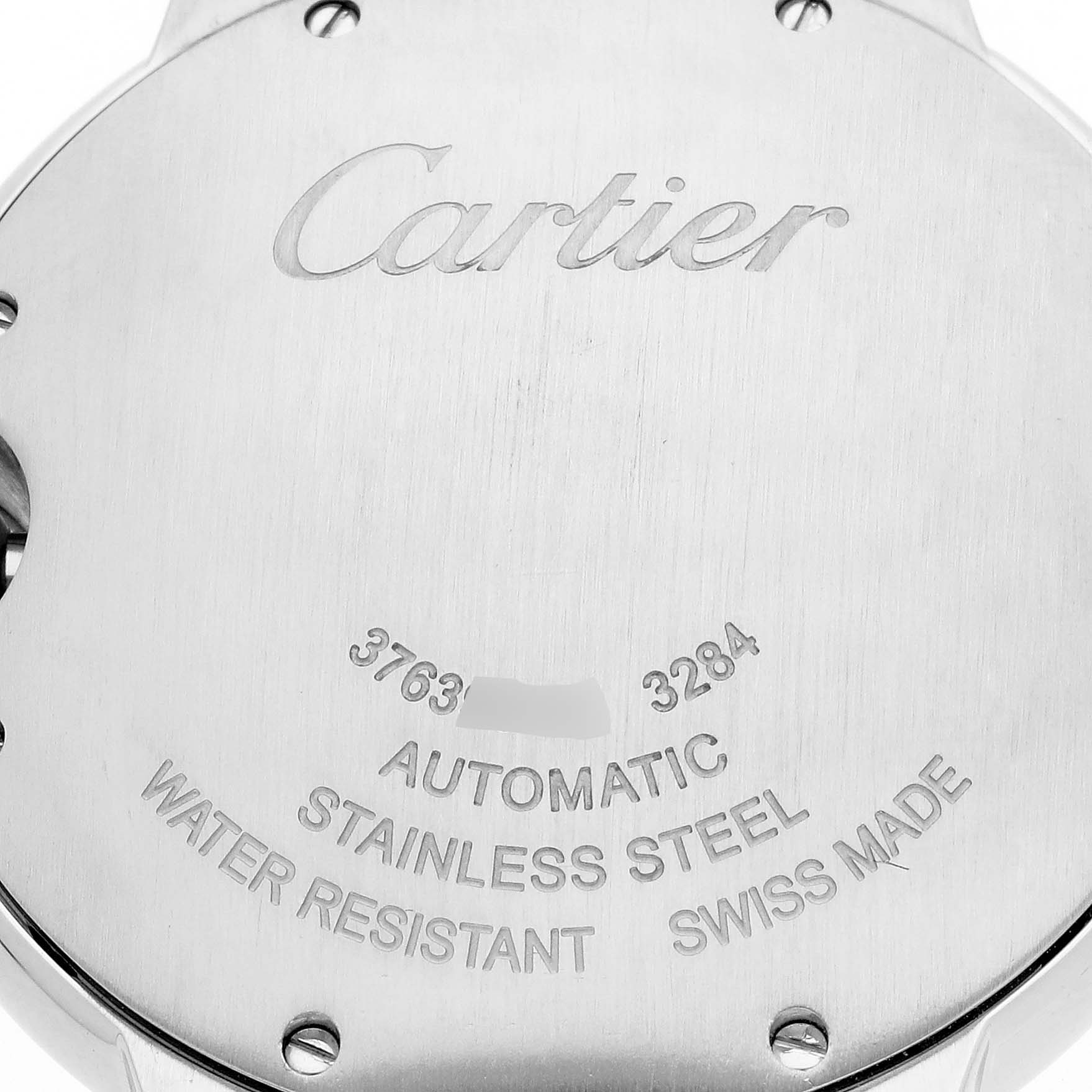 This image shows the back case of the Cartier Ballon Bleu WE902054 Women's Steel and Gold (two tone) Pink Dial WE902054 Women's Steel and Gold (two tone) Pink Dial watch, highlighting the brand engraving and specifications.