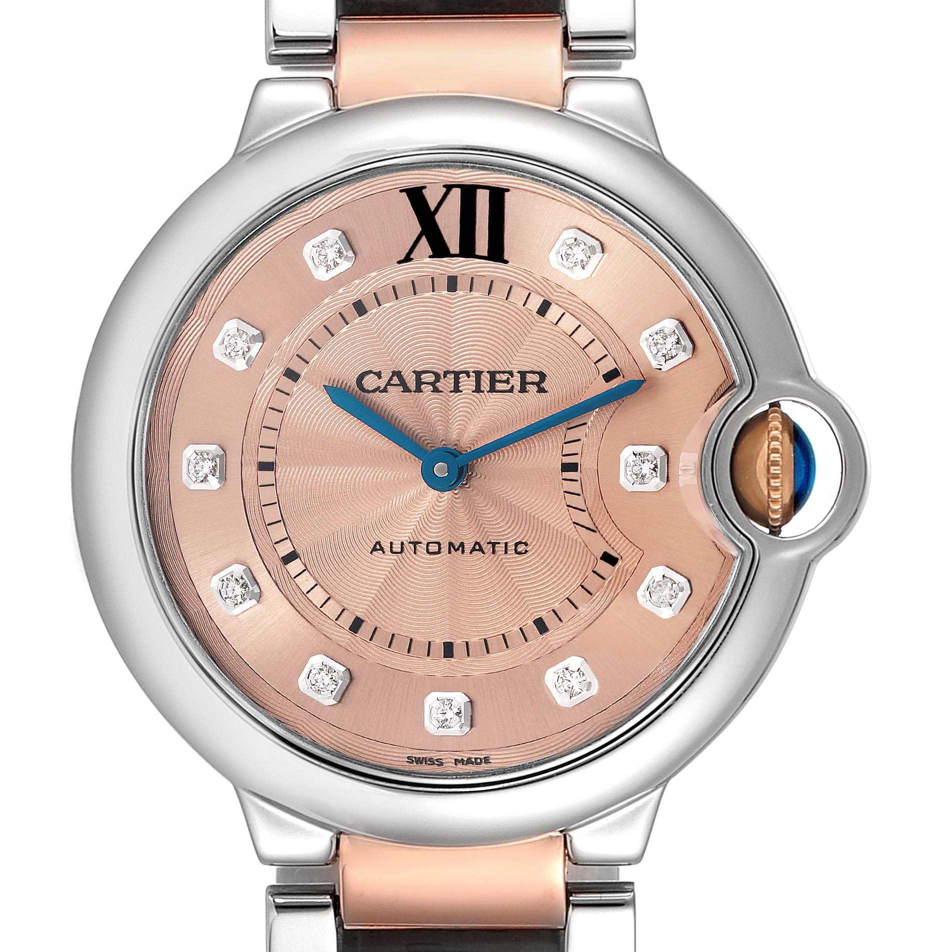 The Cartier Ballon Bleu WE902054 Women's Steel and Gold (two tone) Pink Dial WE902054 Women's Steel and Gold (two tone) Pink Dial watch is shown from the front, highlighting its dial, case, and partial bracelet.