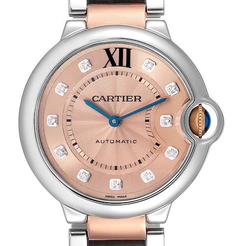 The Cartier Ballon Bleu watch is shown from the front, displaying its face, hour markers, and part of the bracelet.