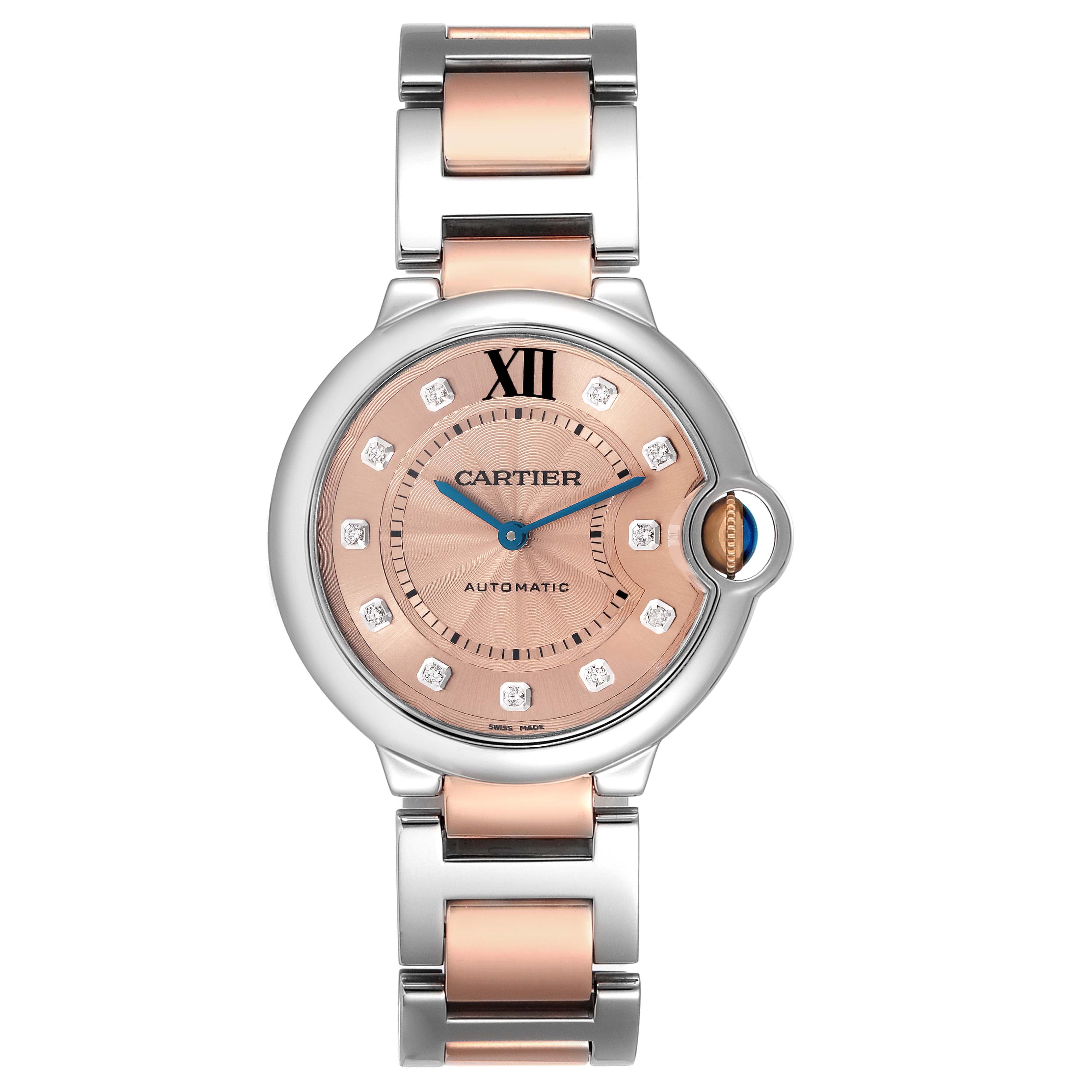 The Ballon Bleu de Cartier watch is shown from a top view displaying its face, bracelet, and crown.