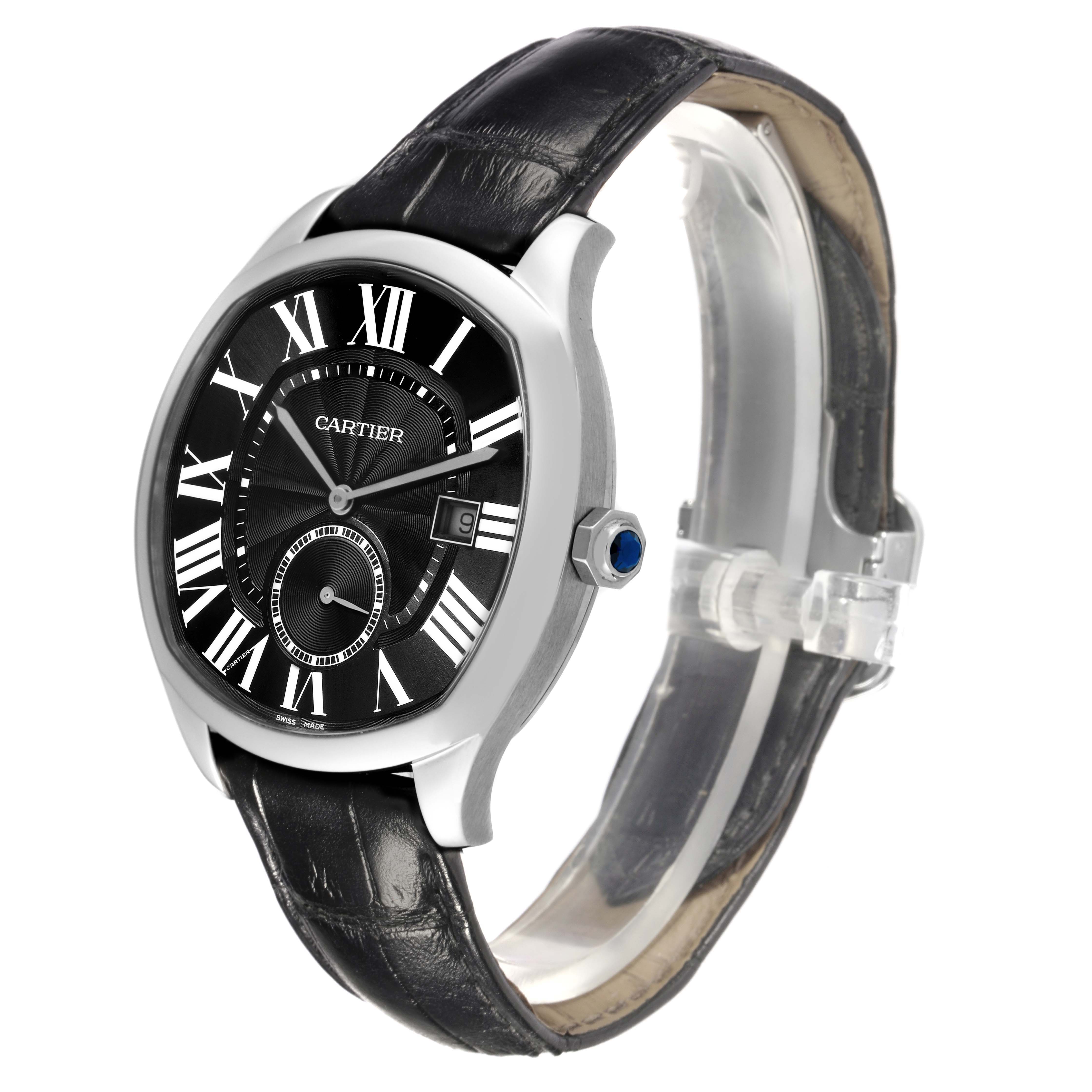 The Drive de Cartier watch is shown at a three-quarter angle, highlighting the black leather strap, silver case, and Roman numeral dial.