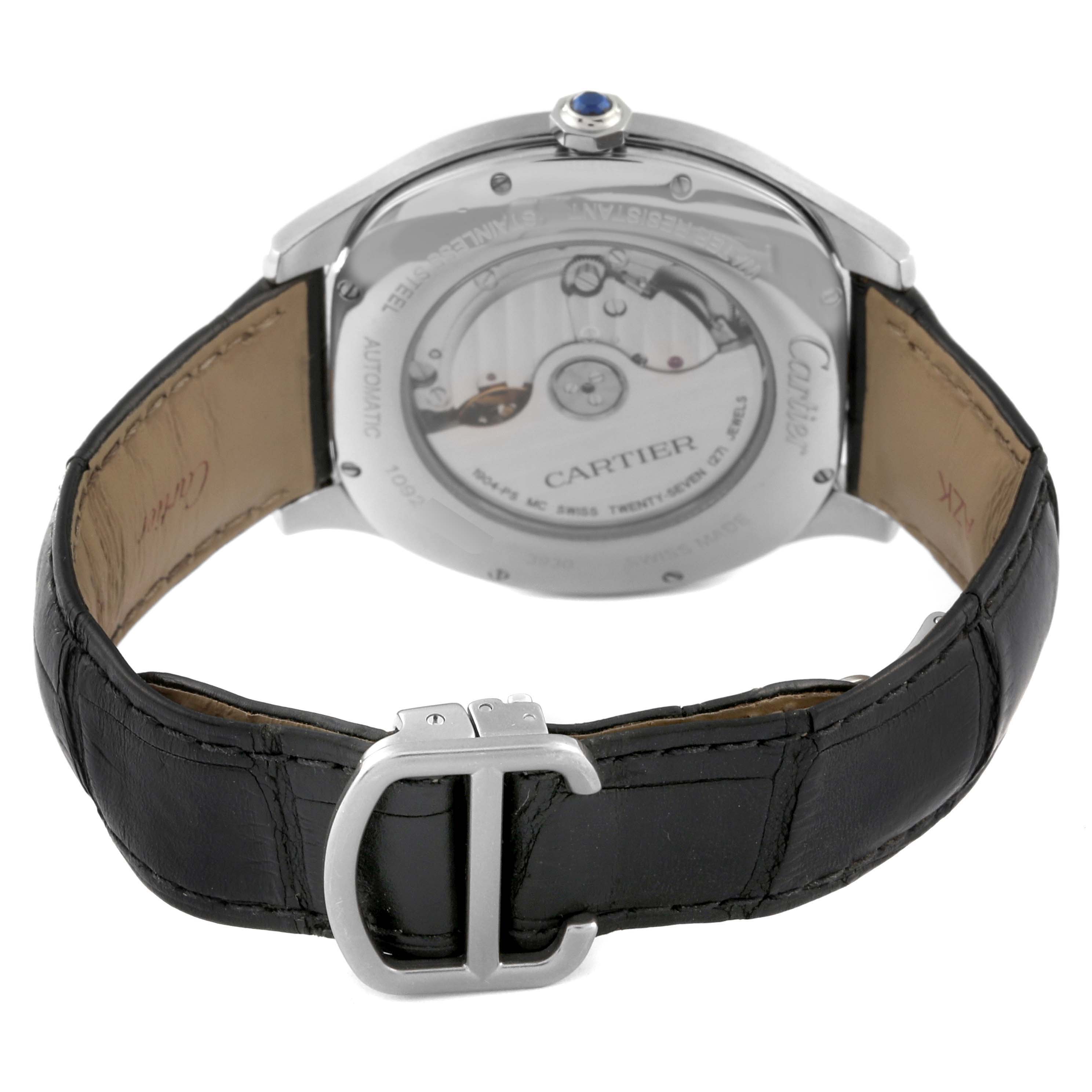 The image shows the back view of a Drive de Cartier watch, highlighting the exhibition case back and black leather strap.