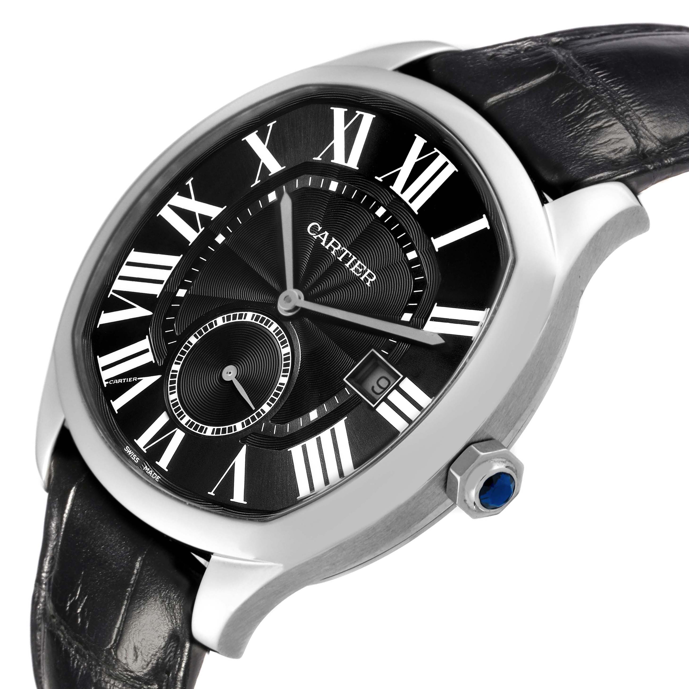 The Drive de Cartier watch by Cartier is shown at a slight angle, highlighting the face, crown, and leather strap.