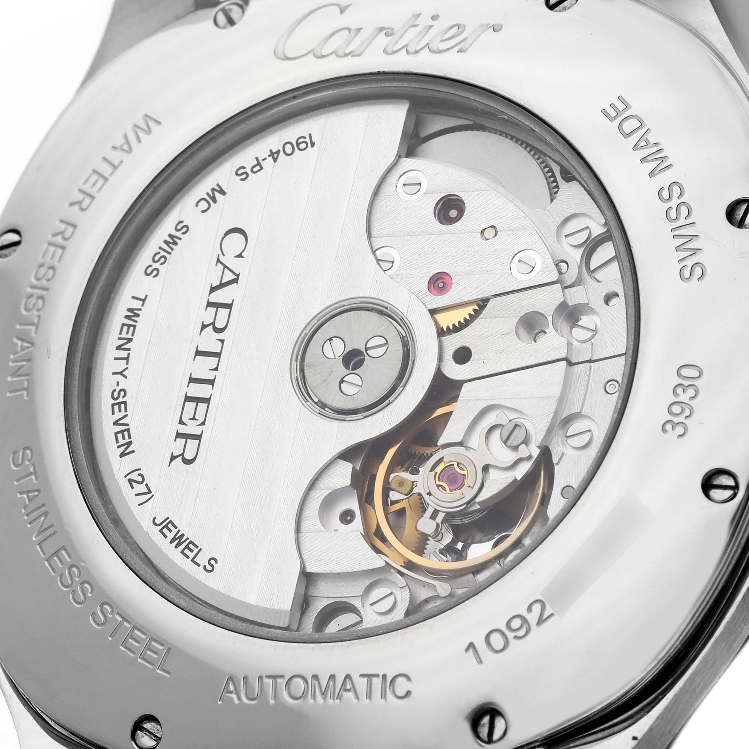 The image shows the movement and mechanics of a Drive de Cartier watch from the back.