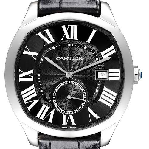 The Drive de Cartier watch by Cartier is shown from the front, displaying the dial, Roman numerals, and date window.