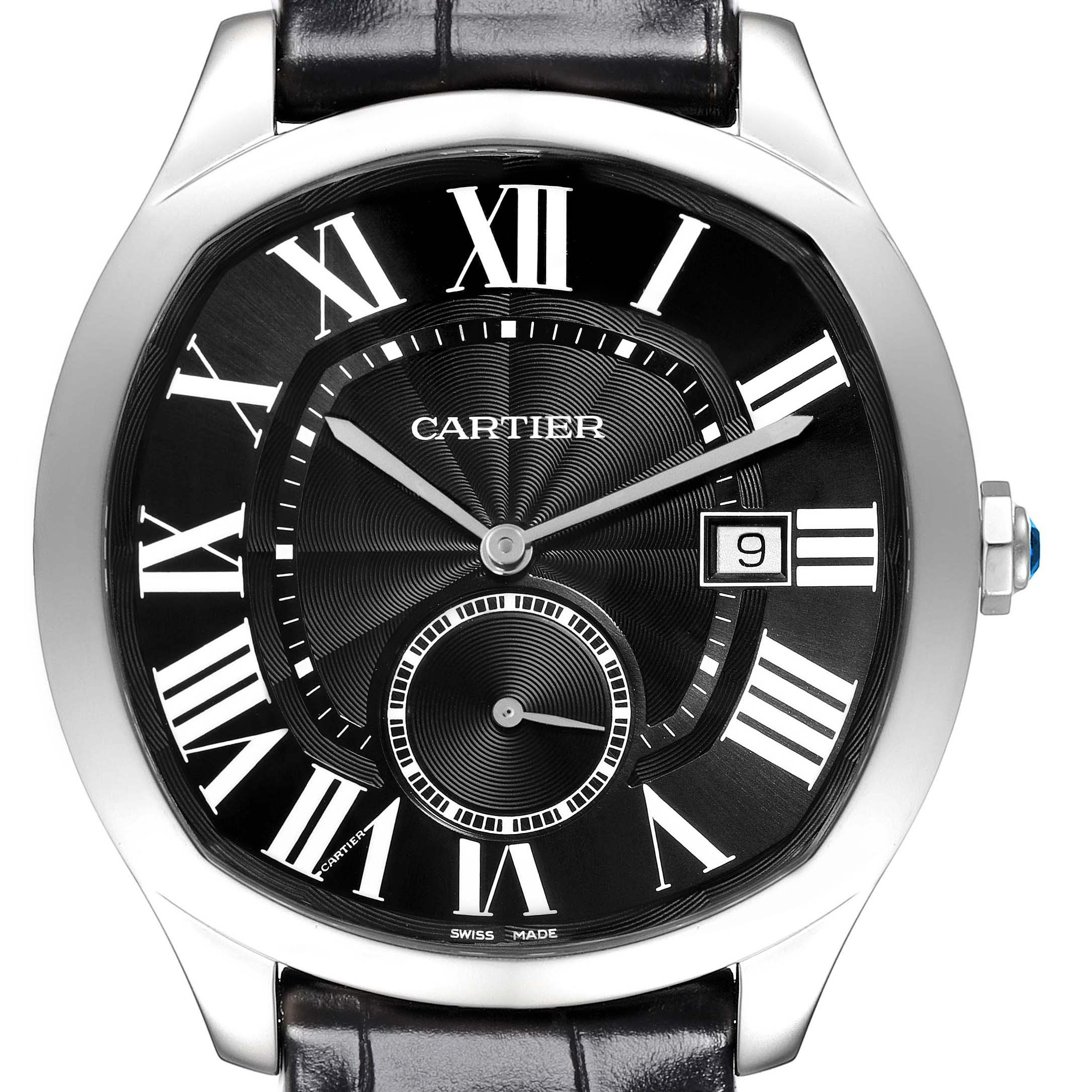 The Drive de Cartier watch is shown from the front, highlighting its black dial, Roman numerals, date window, and leather strap.