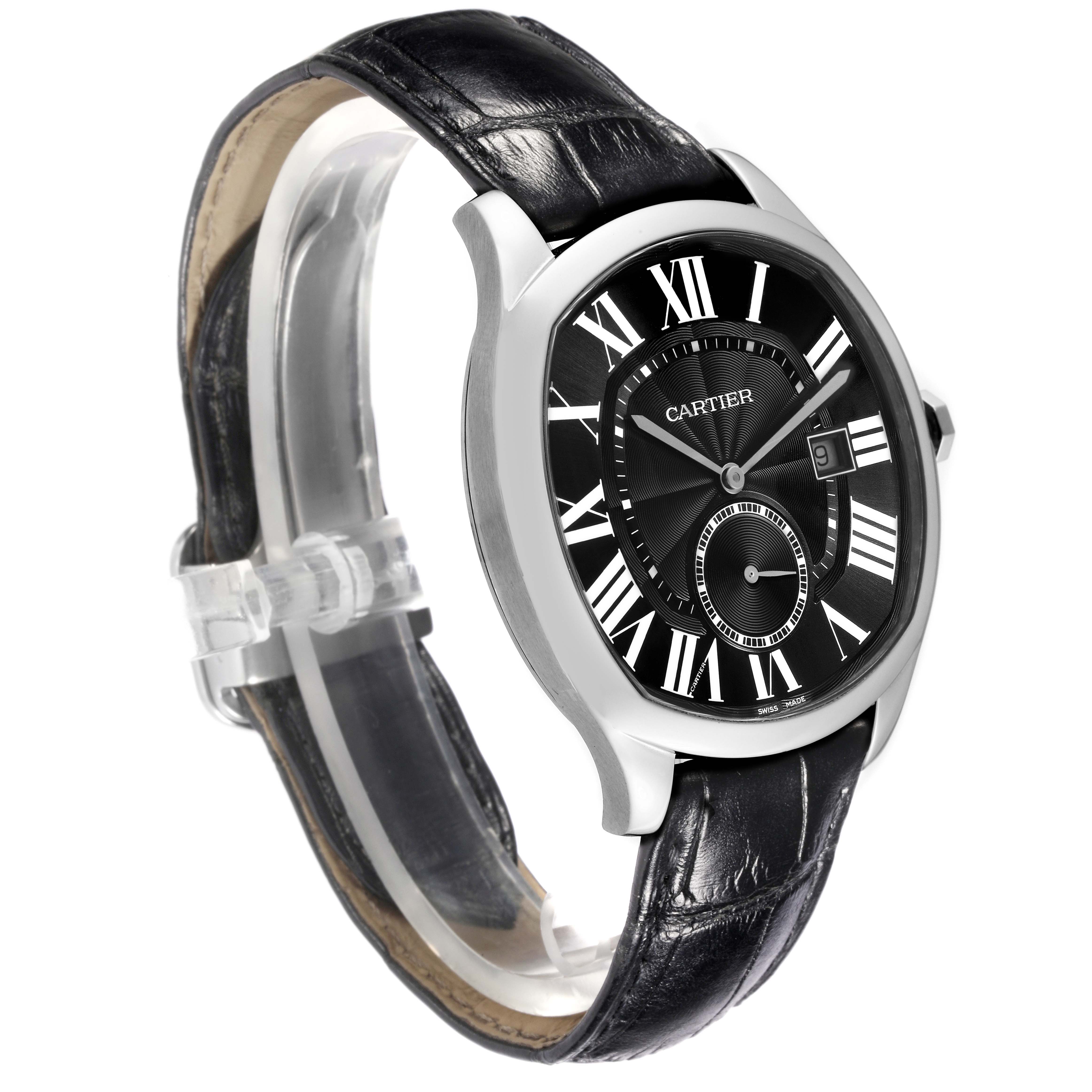 The Drive de Cartier watch is shown at an angled view, highlighting the black dial, roman numerals, and leather strap.