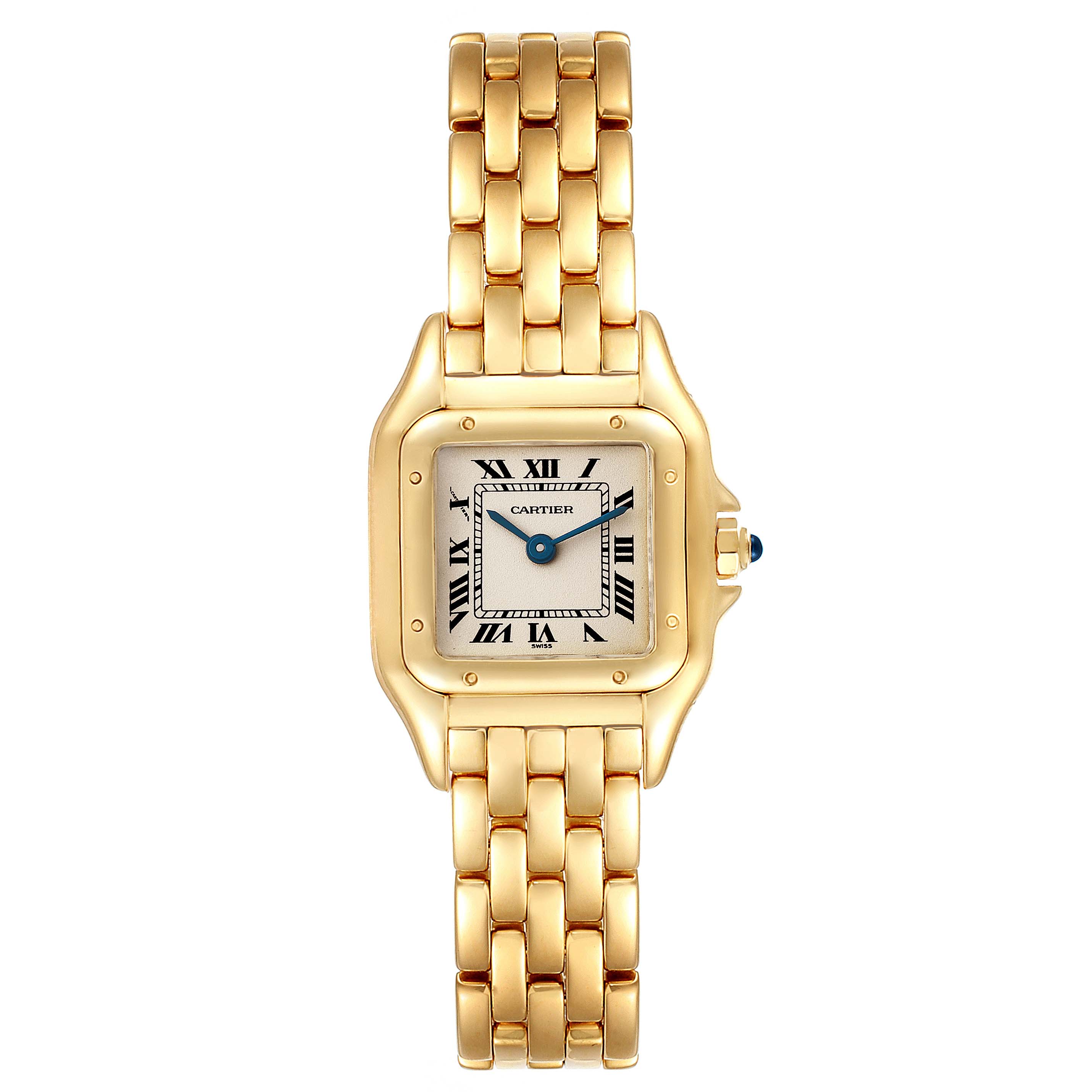 This image shows a front view of a Panthere de Cartier watch, featuring its gold bracelet and square dial with Roman numerals.