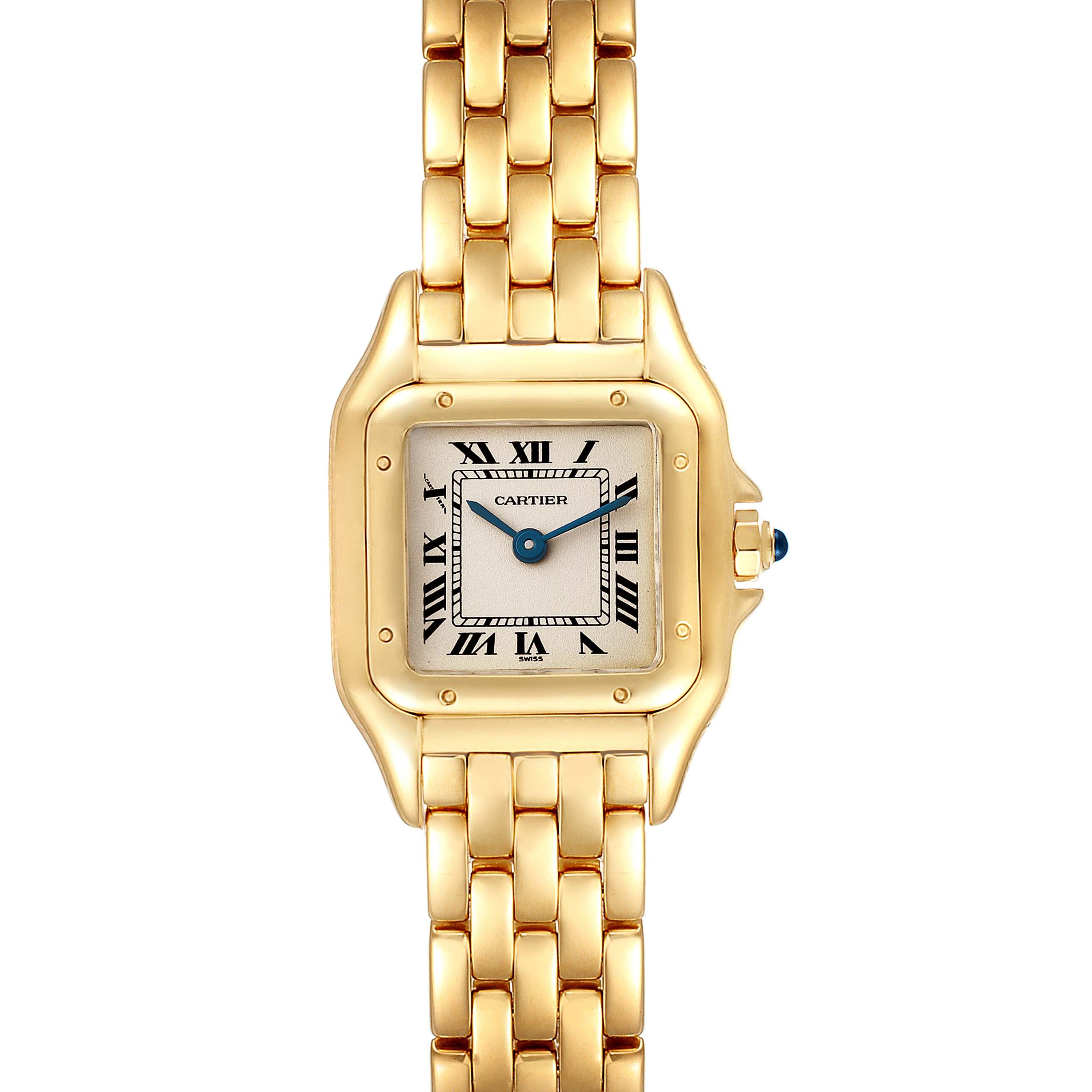 The image shows a frontal view of a gold Cartier Panthere W25022B9 Women's Yellow Gold Silver Dial W25022B9 Women's Yellow Gold Silver Dial watch, highlighting its face, bezel, and bracelet.