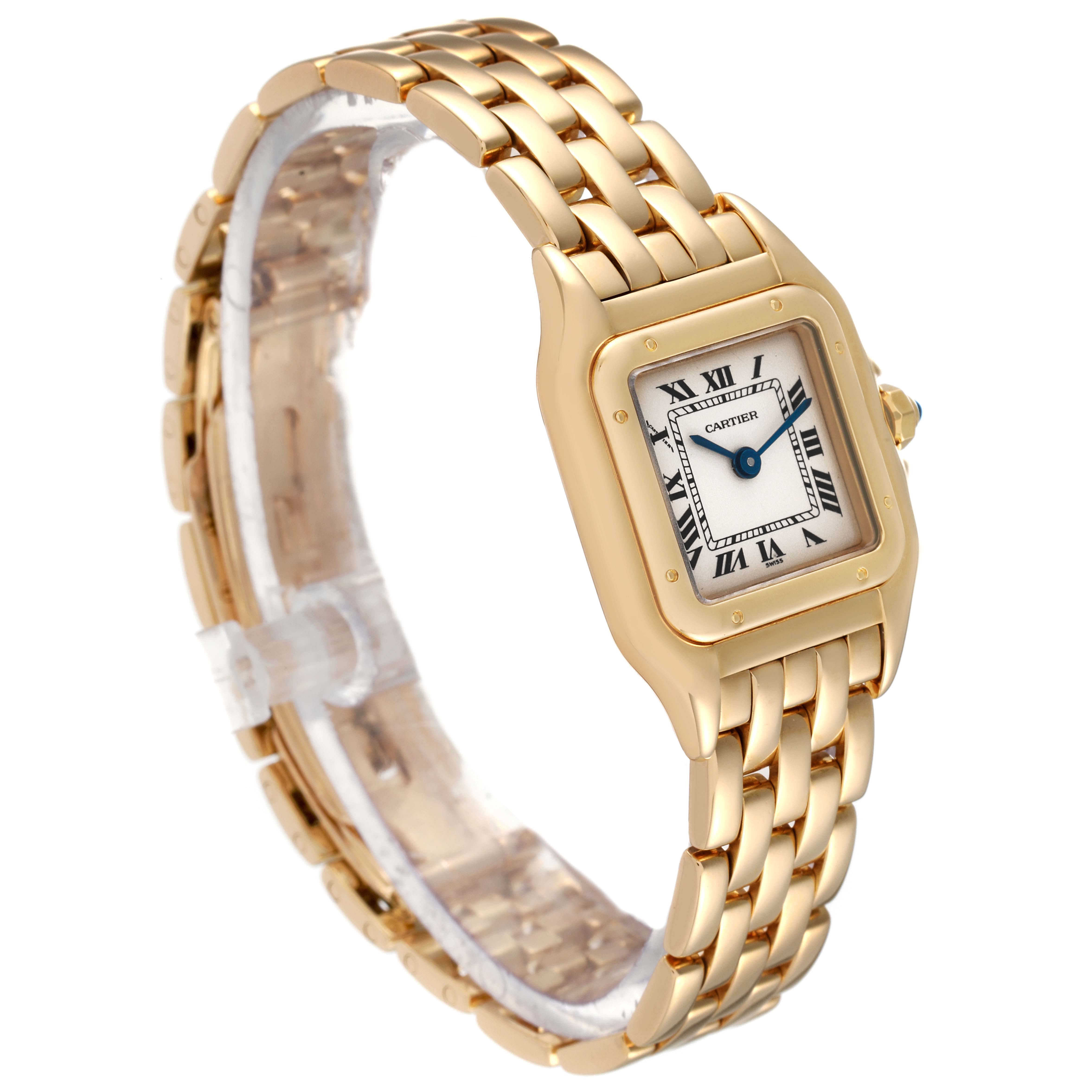 This image shows an angled side view of a Panthere de Cartier watch, displaying the gold bracelet and square watch face.