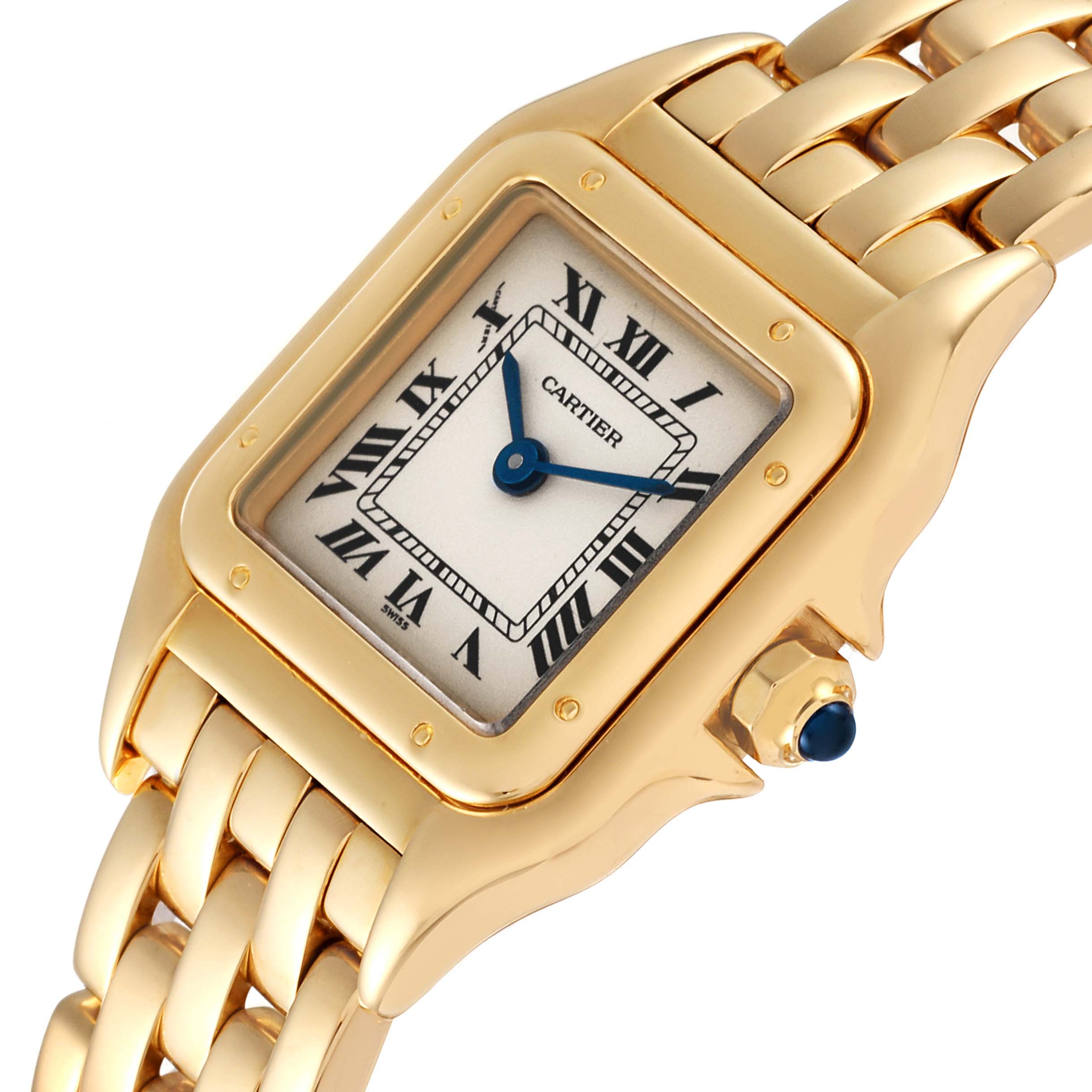 The image shows a close-up angle of the Cartier Panthere W25022B9 Women's Yellow Gold Silver Dial W25022B9 Women's Yellow Gold Silver Dial watch, highlighting its face, crown, and part of its gold bracelet.