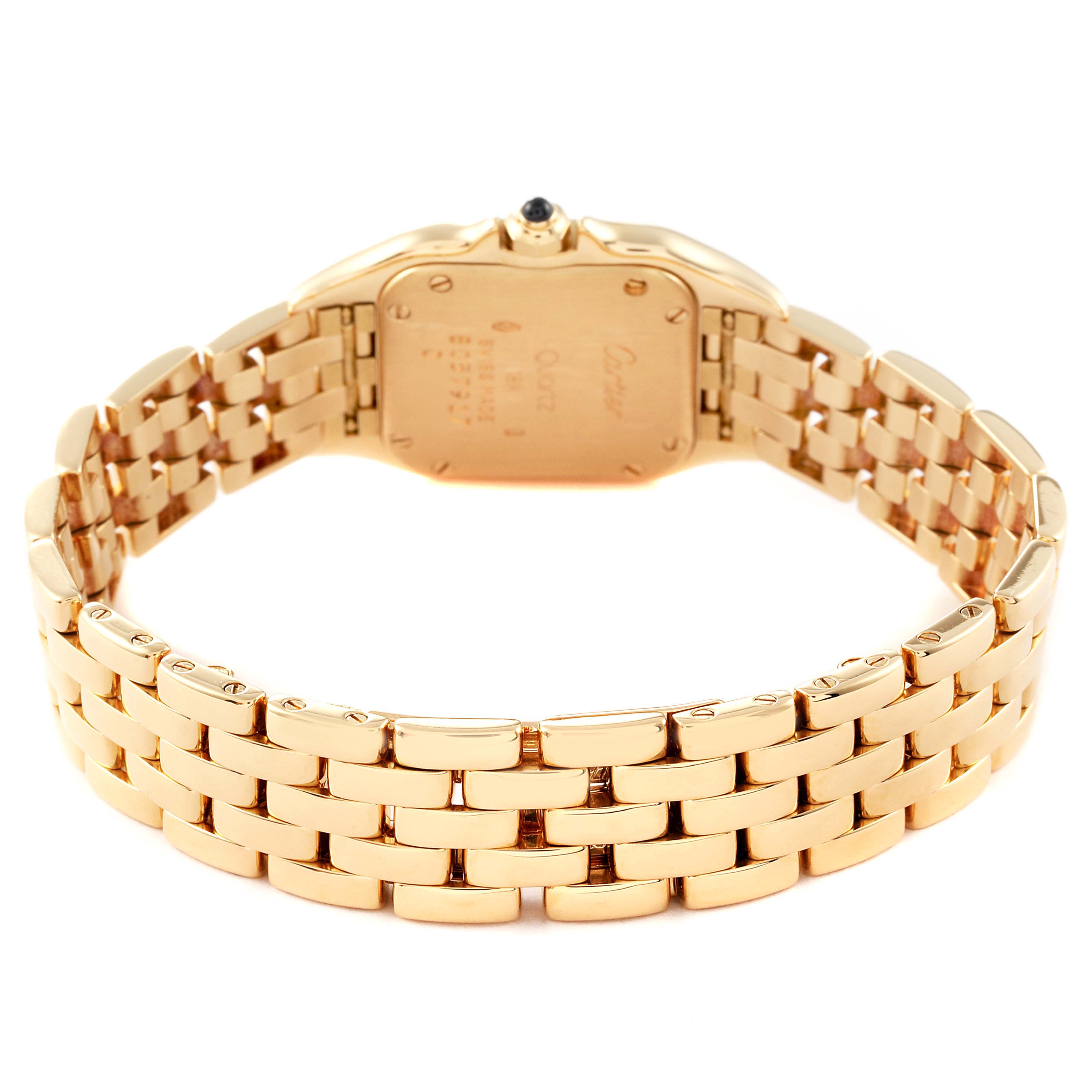 This image shows the back and bracelet of a Cartier Panthere W25022B9 Women's Yellow Gold Silver Dial W25022B9 Women's Yellow Gold Silver Dial watch from a rear angle.