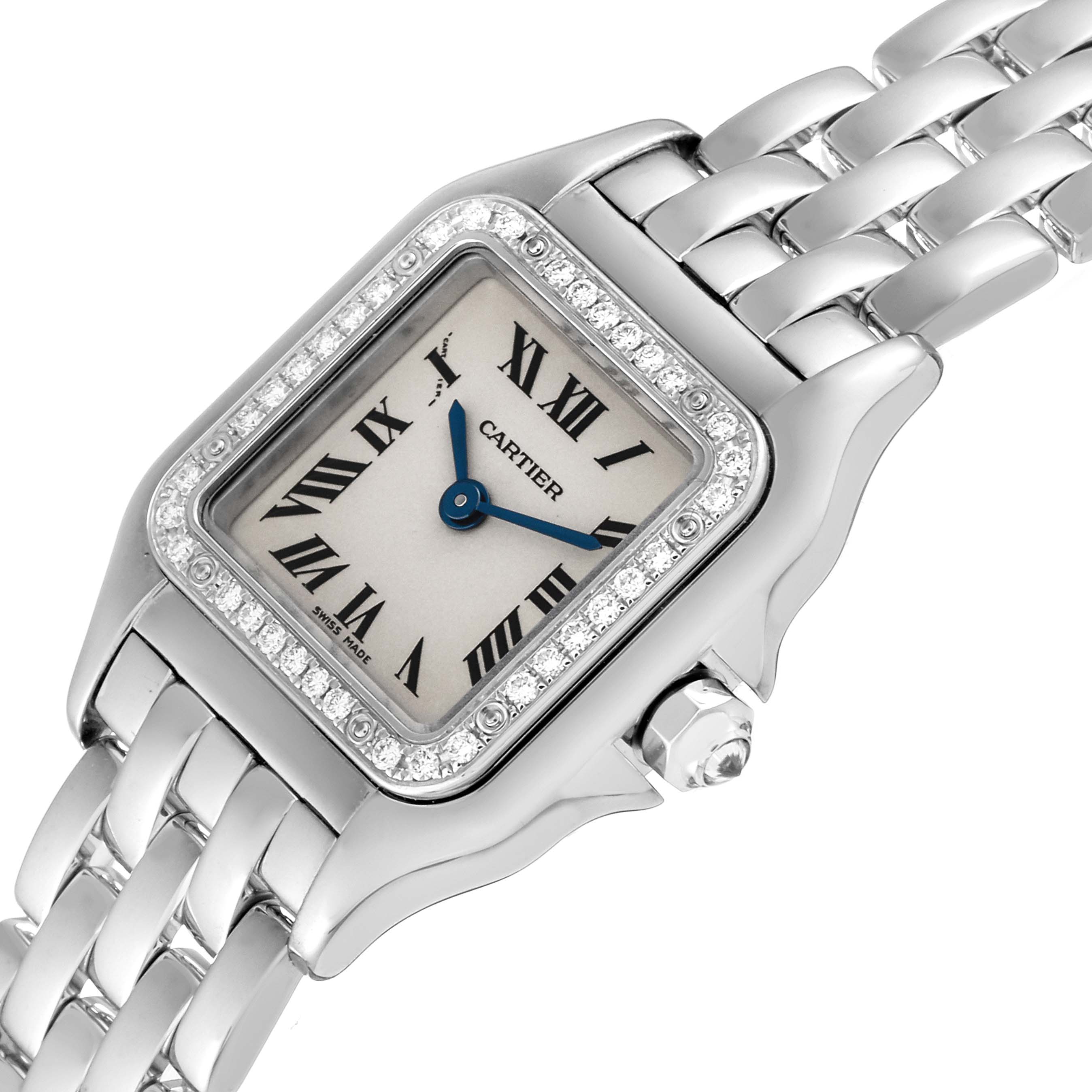 The image shows a close-up angle of the Cartier Panthere WF3091F3 Women's White Gold Silver Dial WF3091F3 Women's White Gold Silver Dial watch, highlighting its dial, bezel, and part of the bracelet.