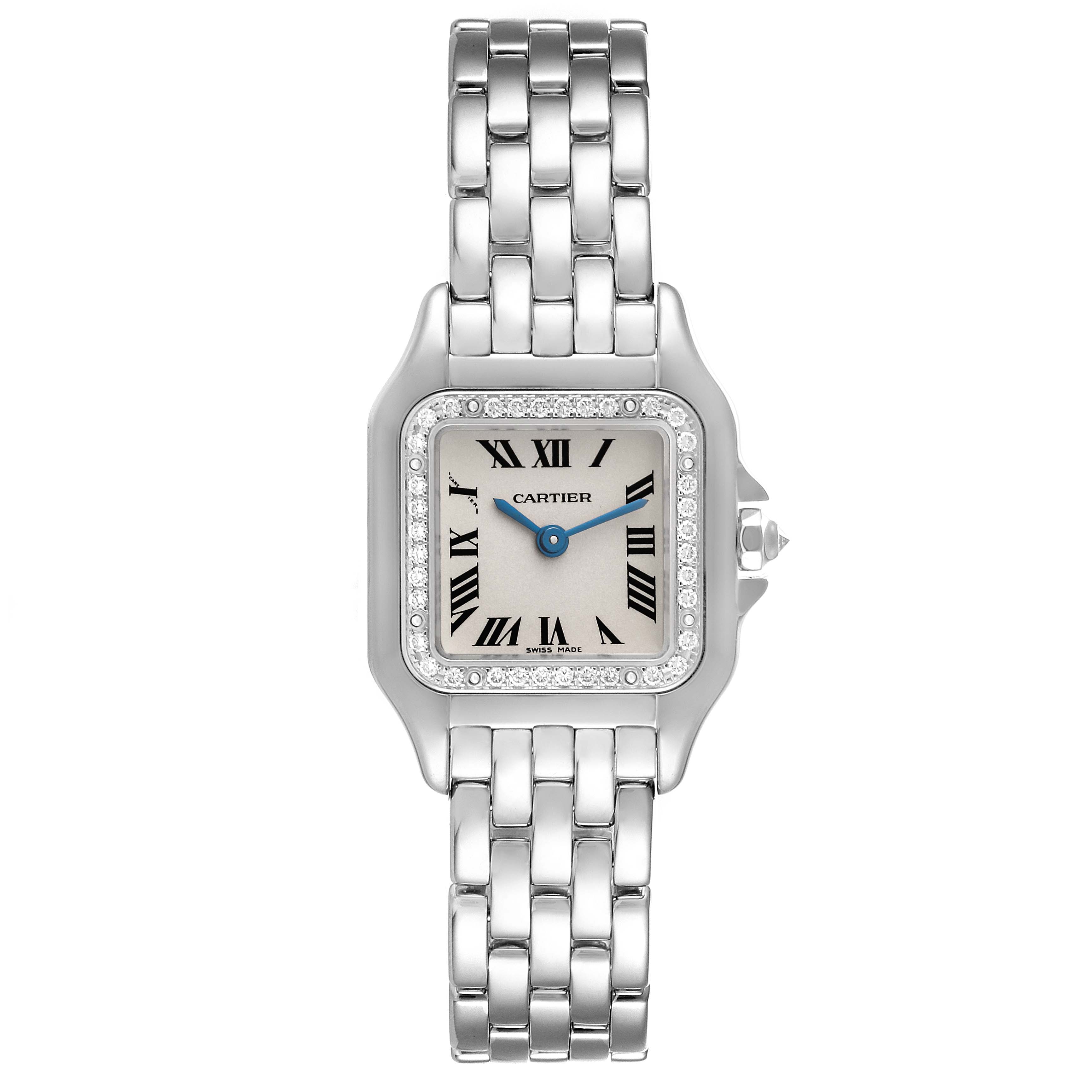 This is a front view of the Cartier Panthere WF3091F3 Women's White Gold Silver Dial WF3091F3 Women's White Gold Silver Dial watch, showcasing the case, bracelet, dial, and crown.