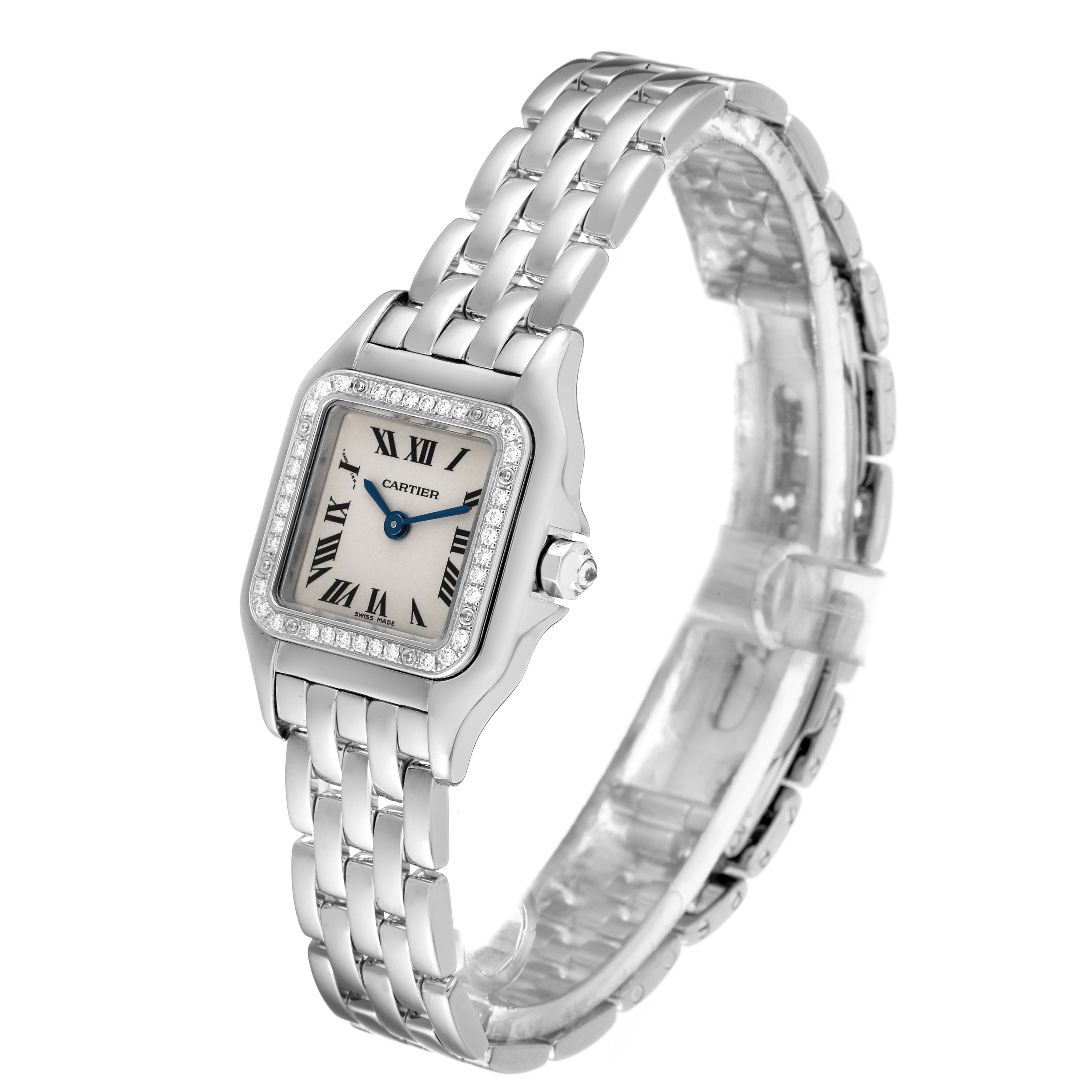 This image shows a Cartier Panthere WF3091F3 Women's White Gold Silver Dial WF3091F3 Women's White Gold Silver Dial watch at a slight angle, highlighting its face, bezel, crown, and metal bracelet.