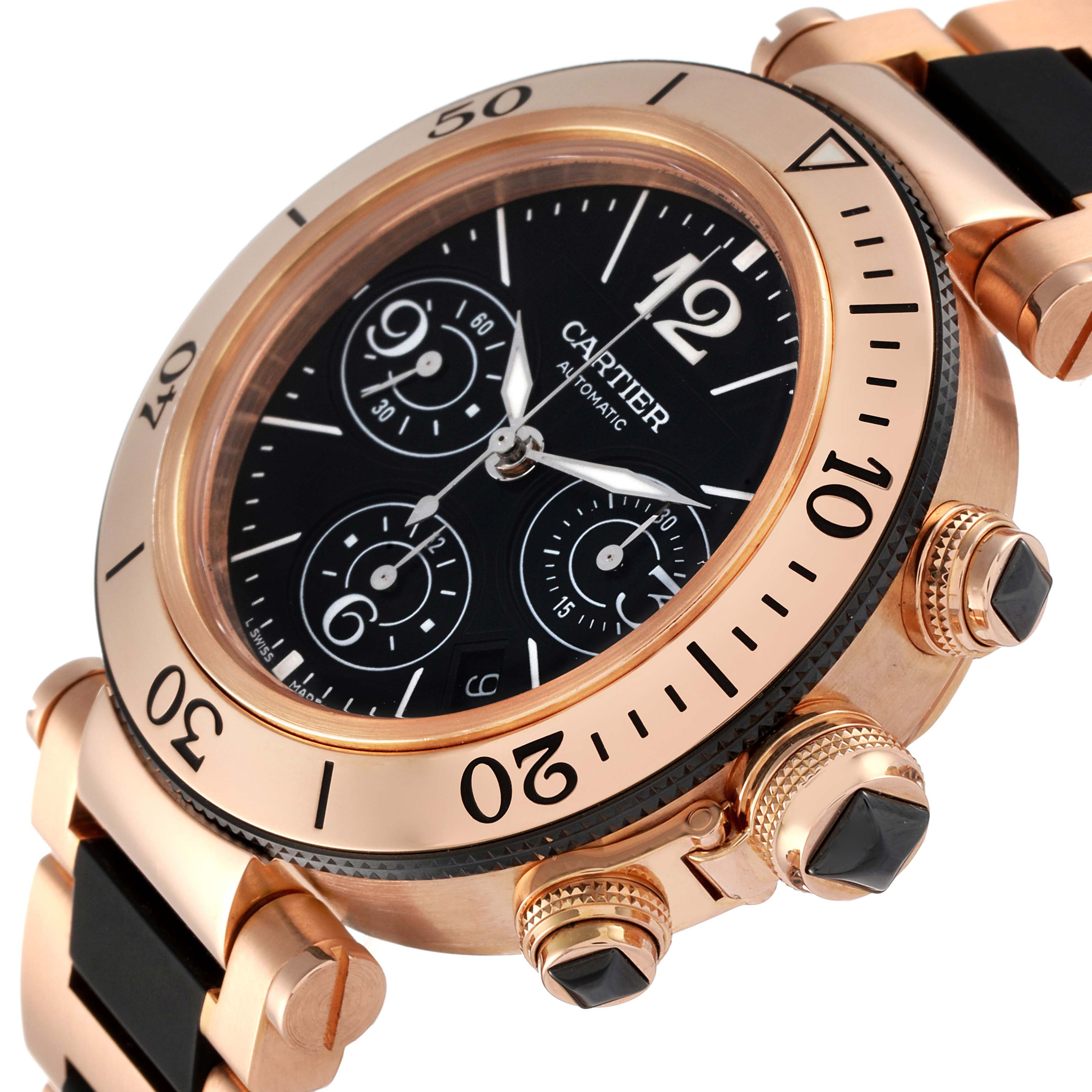 The image shows a close-up, angled view of the Cartier Pasha W301980M Men's Steel and Gold (two tone) Black Dial W301980M Men's Steel and Gold (two tone) Black Dial watch, highlighting its bezel, dial, subdials, and crown.