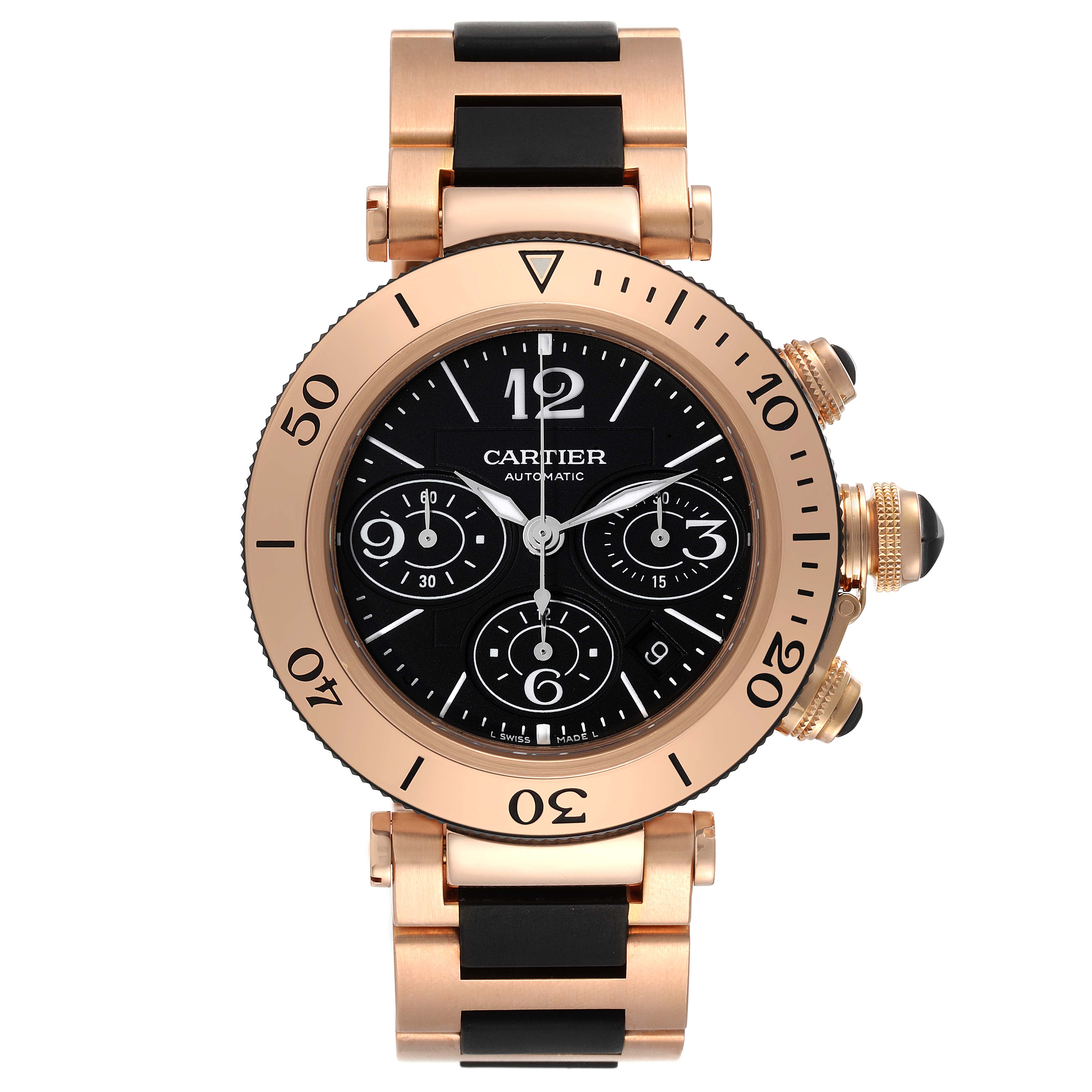 This image shows a frontal view of the Cartier Pasha W301980M Men's Steel and Gold (two tone) Black Dial W301980M Men's Steel and Gold (two tone) Black Dial model watch, highlighting the dial, bezel, and bracelet.