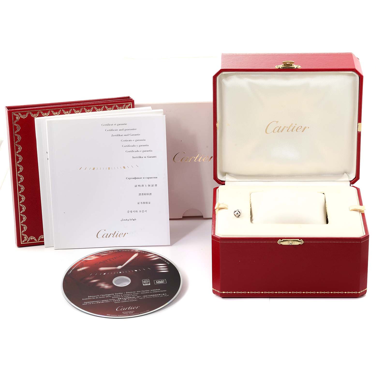 The image shows the Pasha model by Cartier packaging including the box, a booklet, and a CD, all displayed from a front angle.