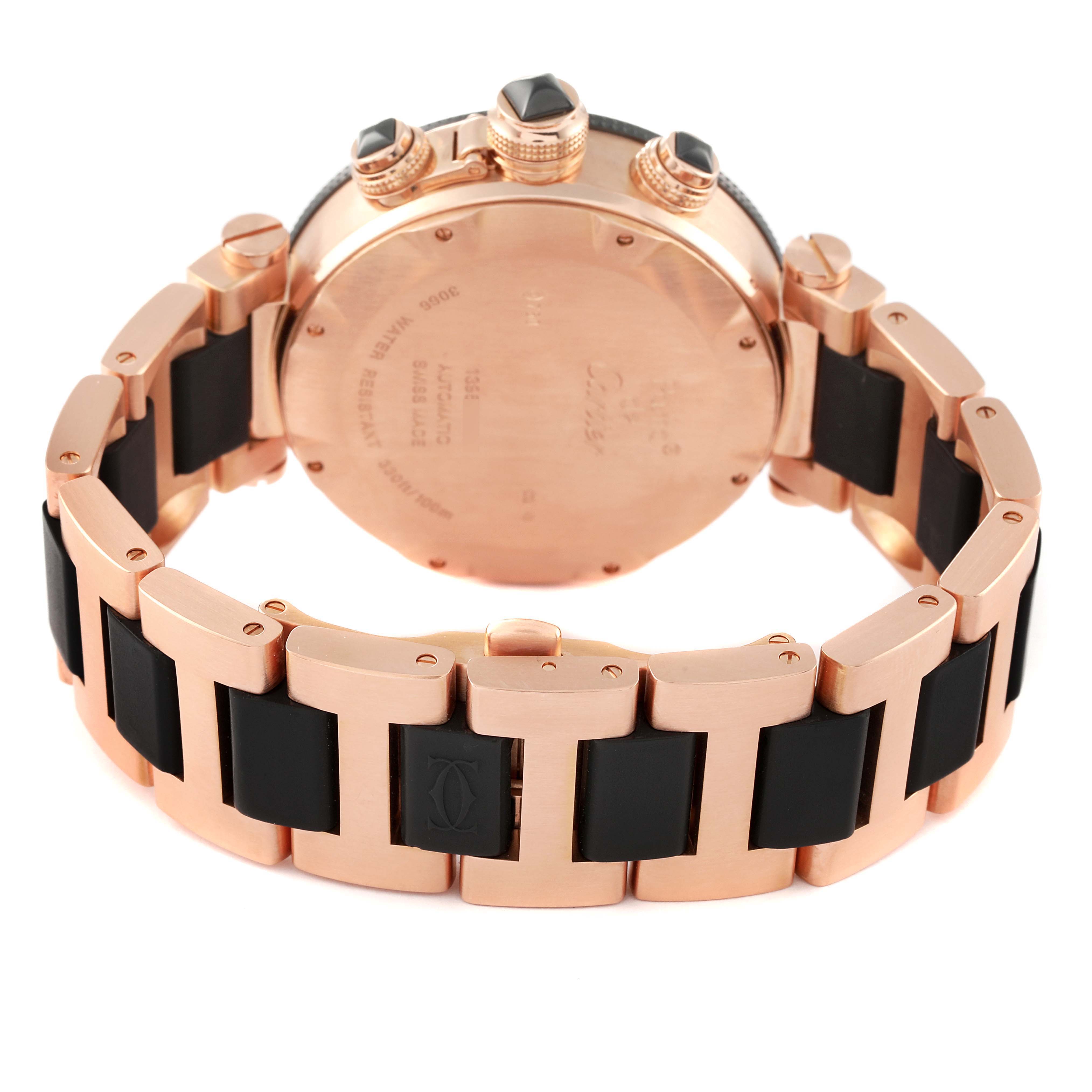 This image shows the back case and bracelet of a Cartier Pasha W301980M Men's Steel and Gold (two tone) Black Dial W301980M Men's Steel and Gold (two tone) Black Dial watch in rose gold and black.