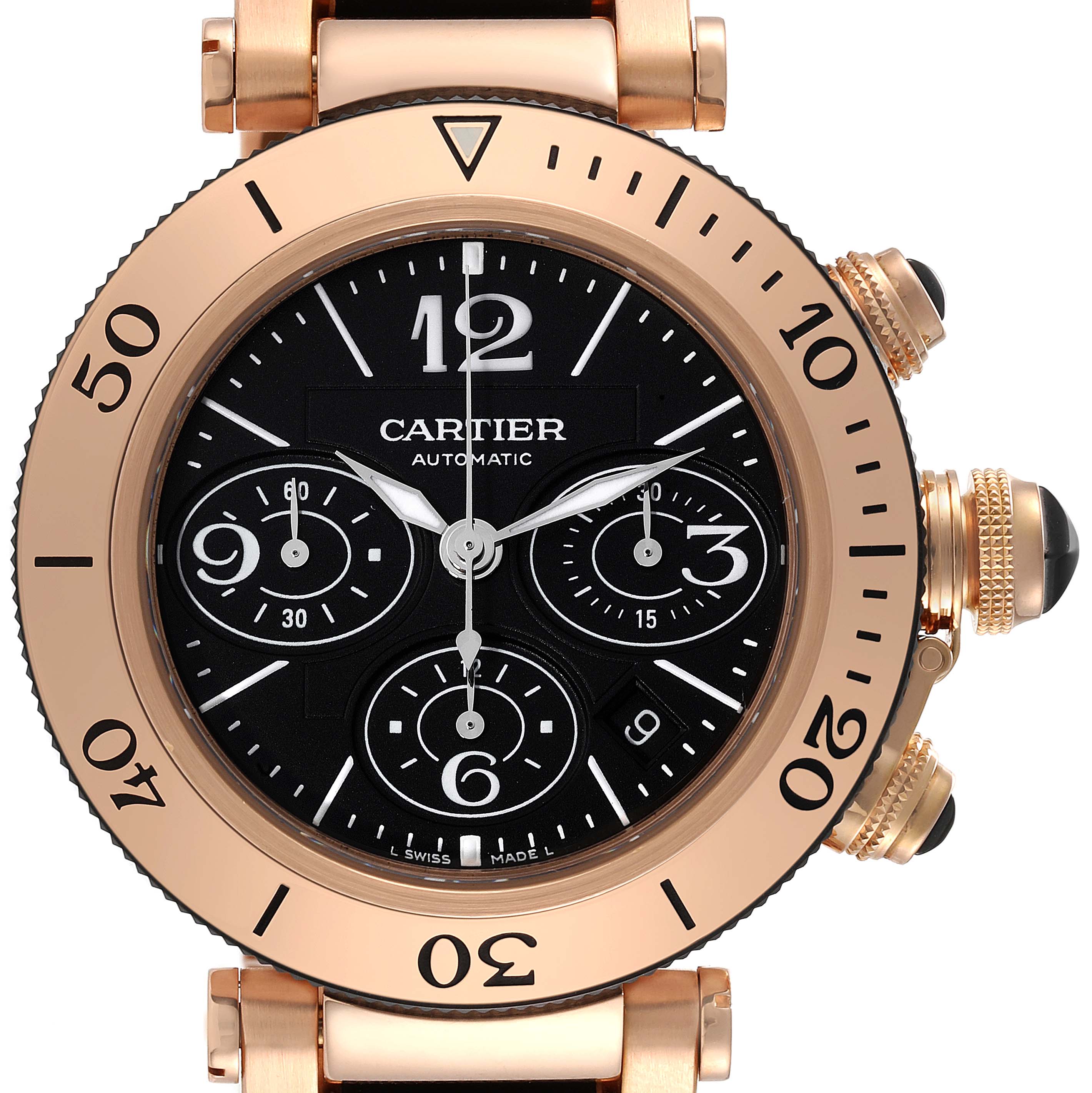 The image shows a front view of a Cartier Pasha W301980M Men's Steel and Gold (two tone) Black Dial W301980M Men's Steel and Gold (two tone) Black Dial watch, highlighting its bezel, dial, subdials, and crown.