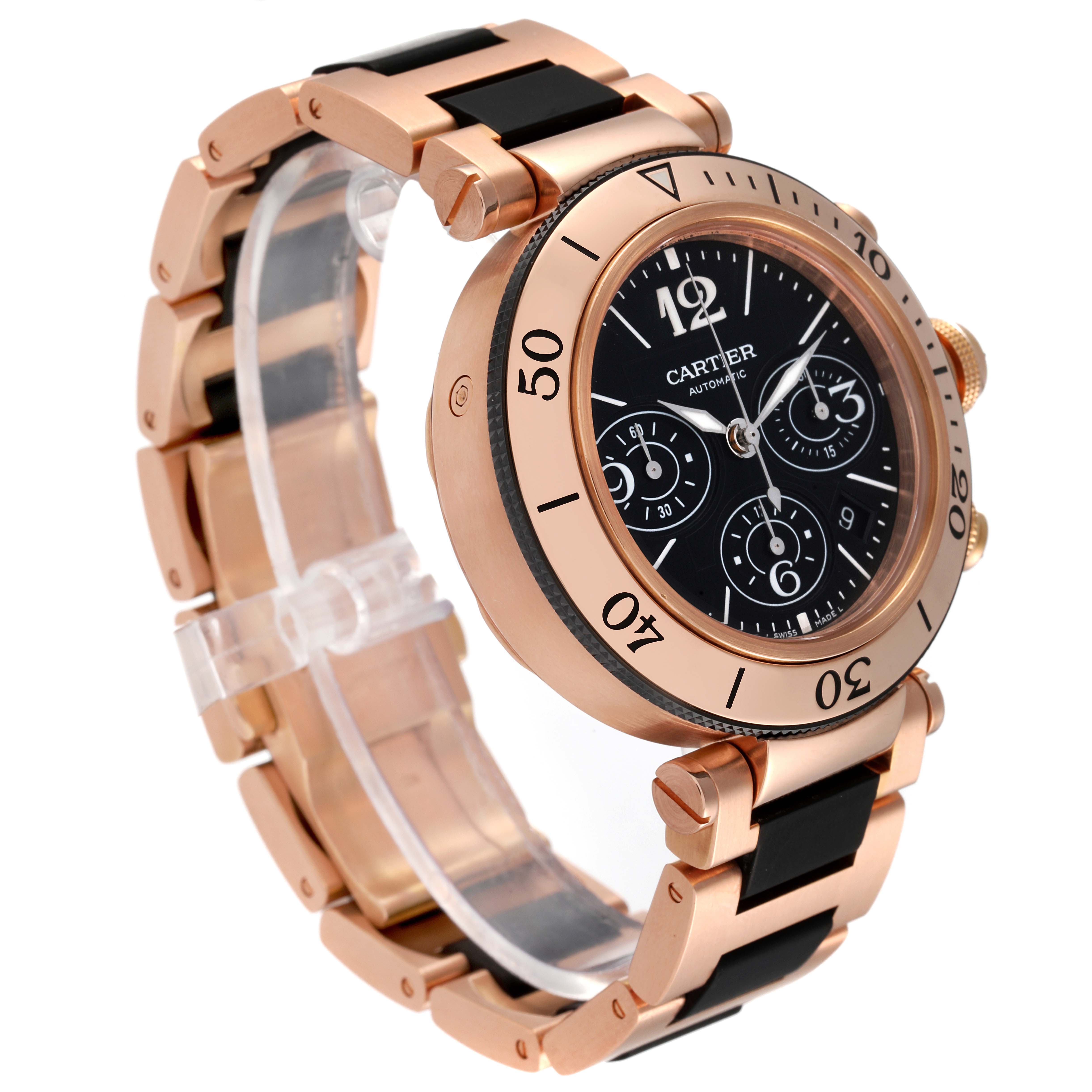 This image shows a Pasha model watch by Cartier from a three-quarter angle, highlighting the face, bezel, and bracelet.