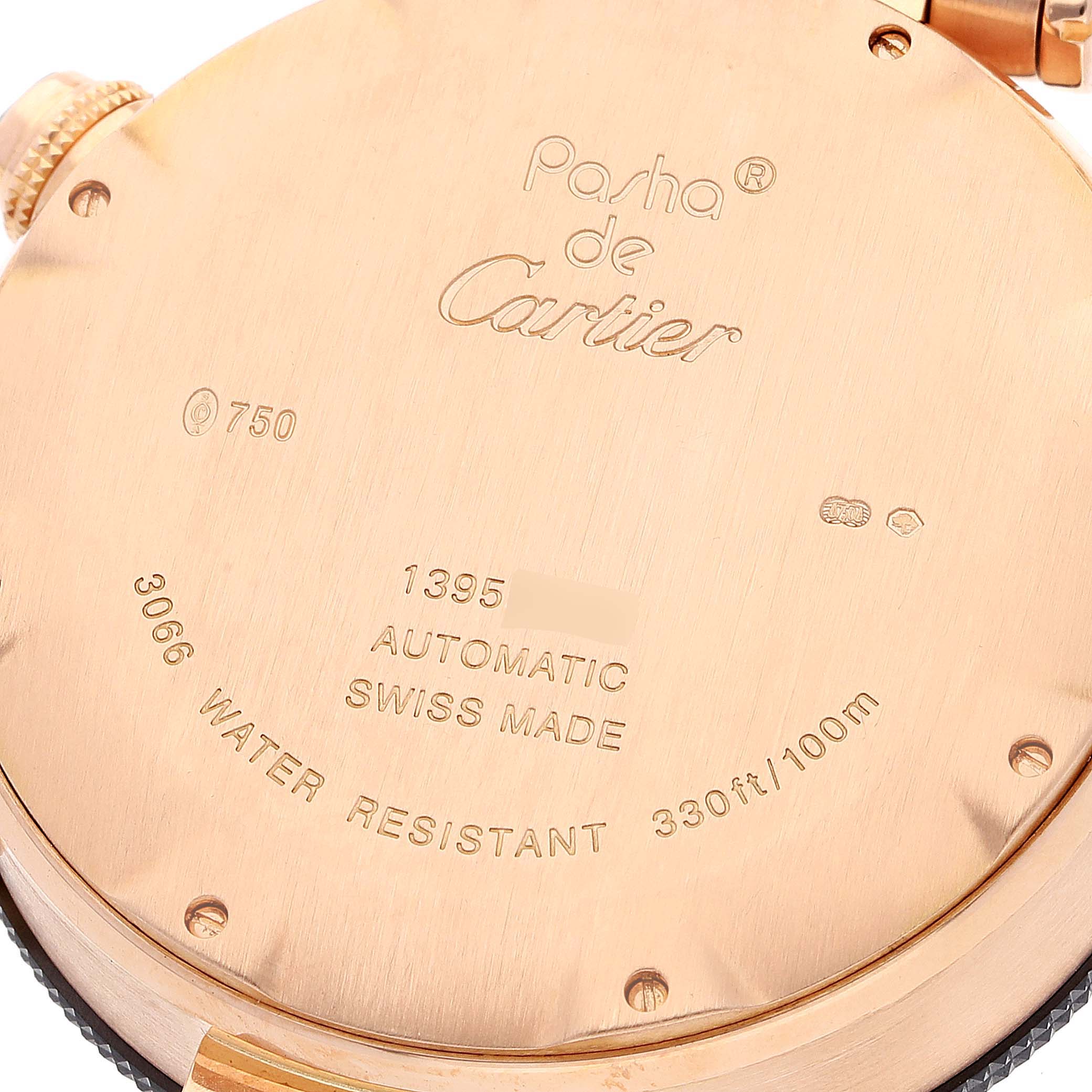 The image shows the backside of a Cartier Pasha W301980M Men's Steel and Gold (two tone) Black Dial W301980M Men's Steel and Gold (two tone) Black Dial watch, detailing its model information and specifications.