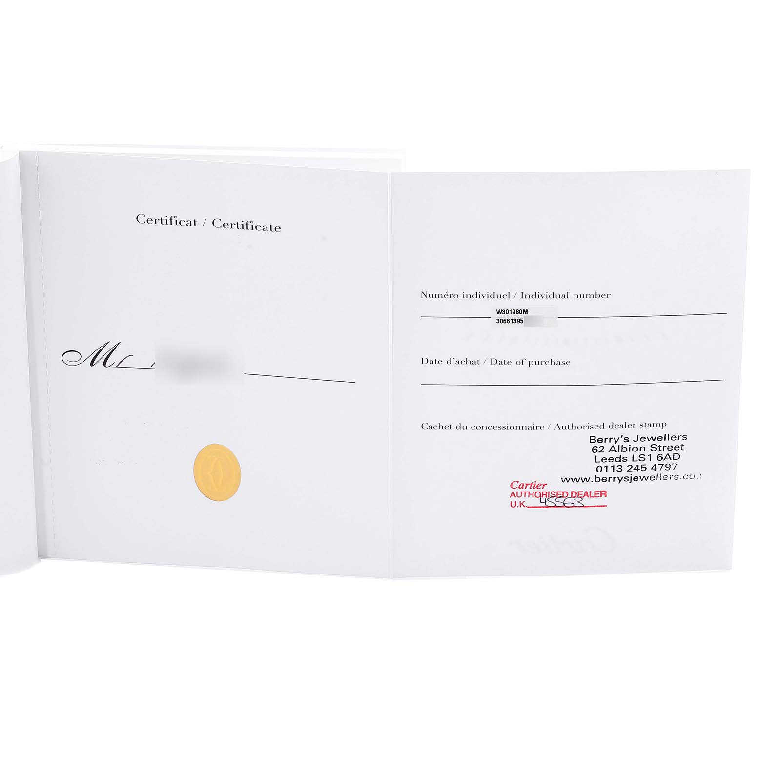 The image displays the certification booklet for the Cartier Pasha W301980M Men's Steel and Gold (two tone) Black Dial W301980M Men's Steel and Gold (two tone) Black Dial watch, showing both the left and right inside pages.