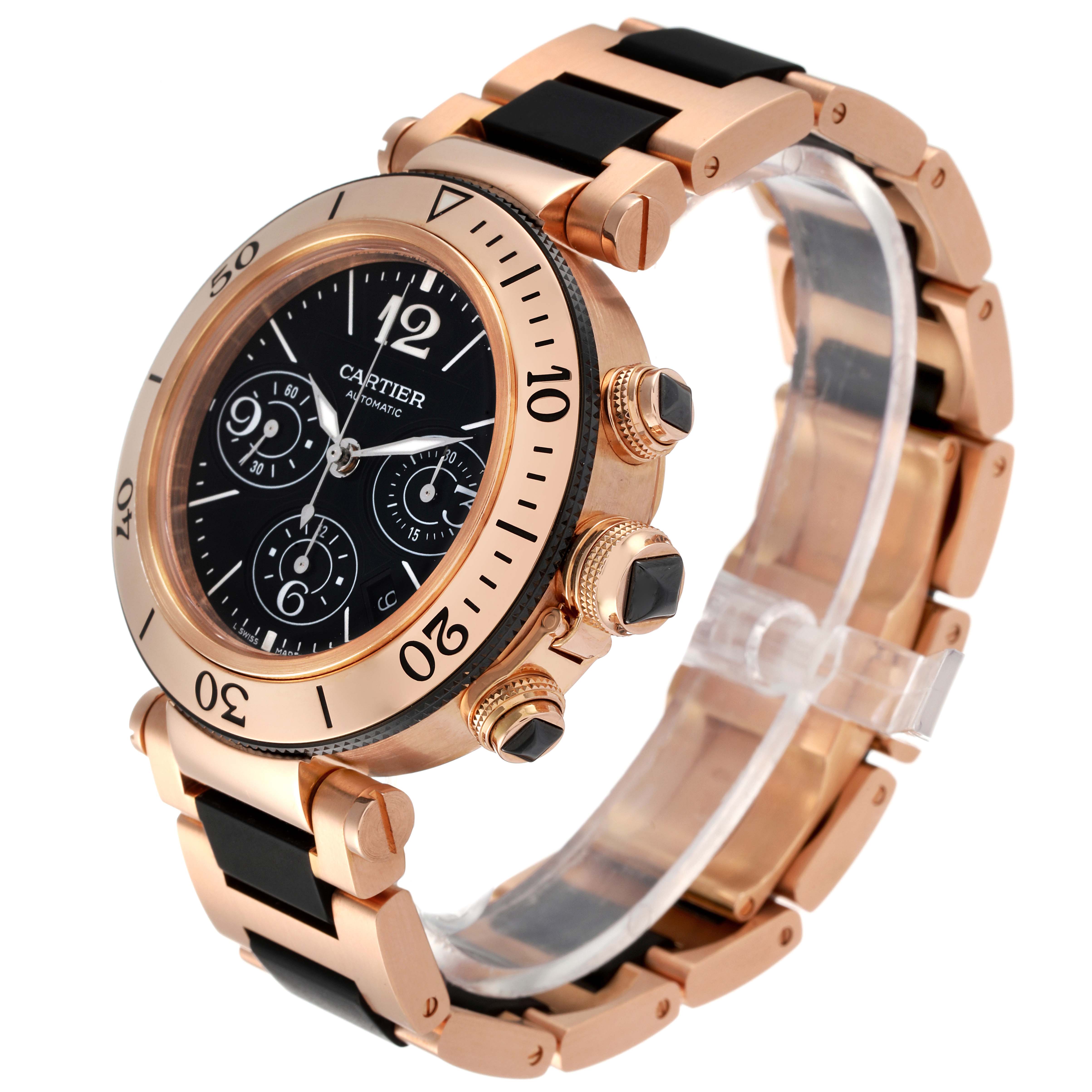 The image shows a Cartier Pasha W301980M Men's Steel and Gold (two tone) Black Dial W301980M Men's Steel and Gold (two tone) Black Dial watch at a 45-degree angle, highlighting its case, bezel, dial, pushers, and bracelet.