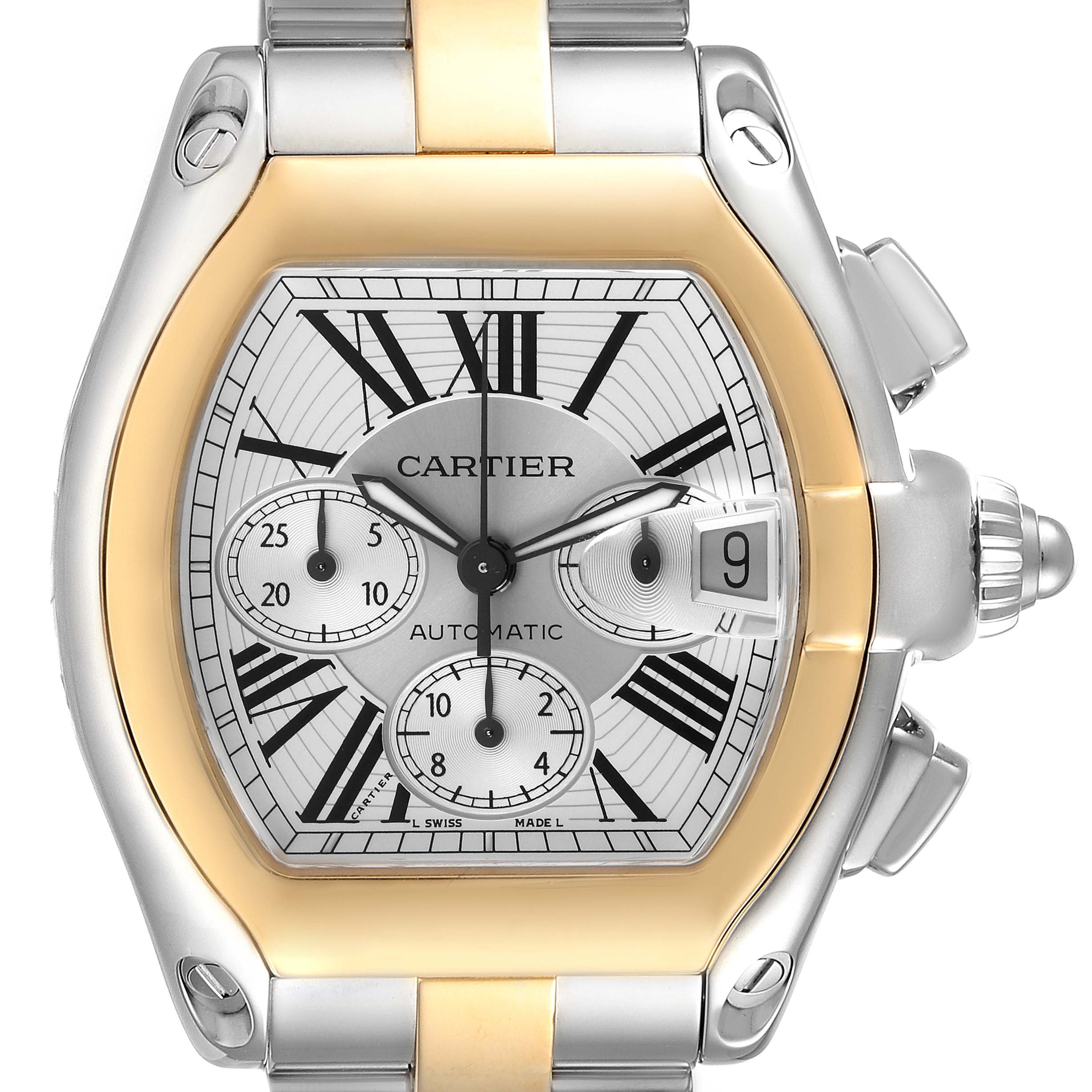 The Cartier Roadster W62027Z1 Men's Steel and Gold (two tone) Silver Dial watch is shown from a front angle, highlighting the dial, case, hands, and chronograph subdials.