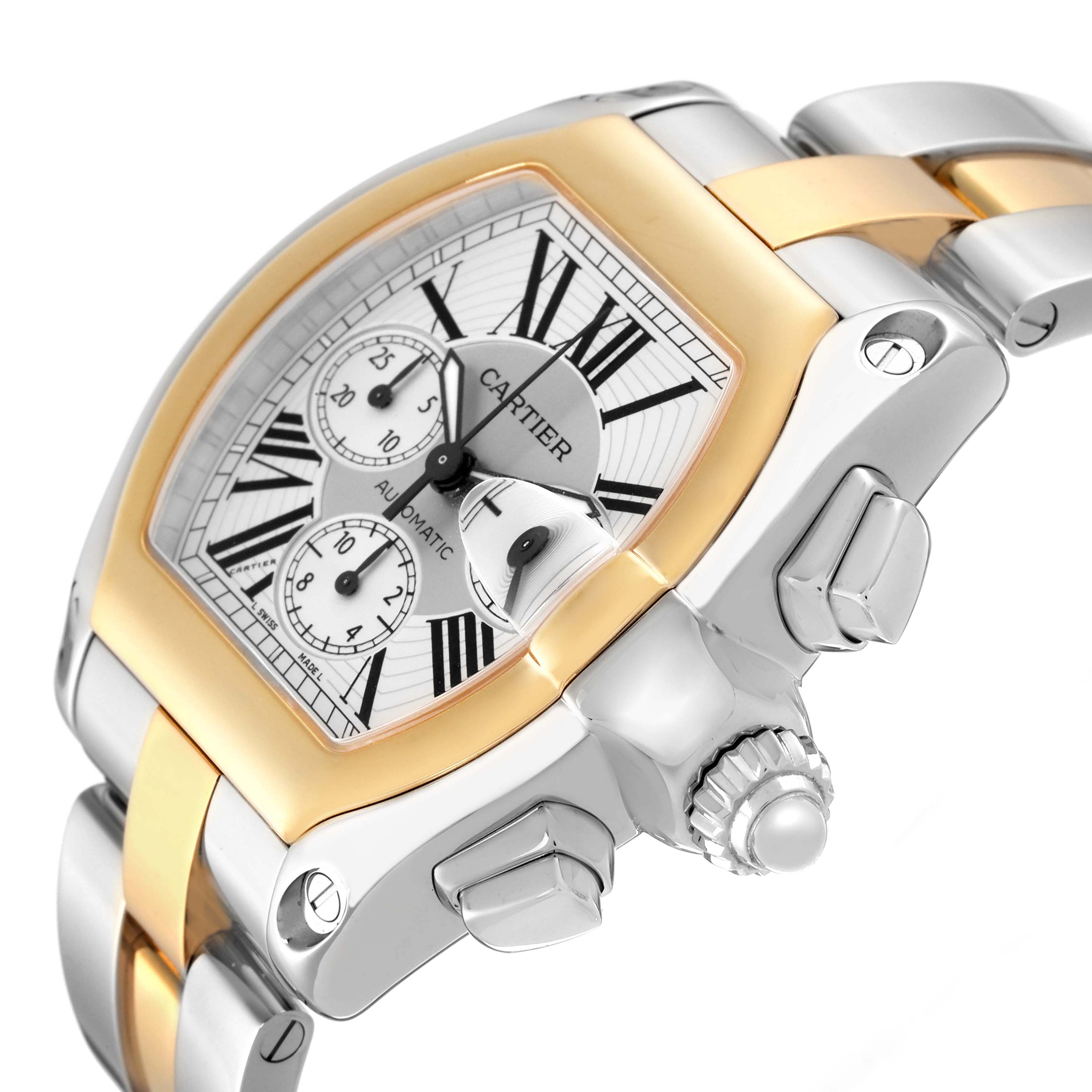 The Cartier Roadster W62027Z1 Men's Steel and Gold (two tone) Silver Dial watch is shown at an angled view, highlighting the bezel, crown, bracelet, and dial with subdials.