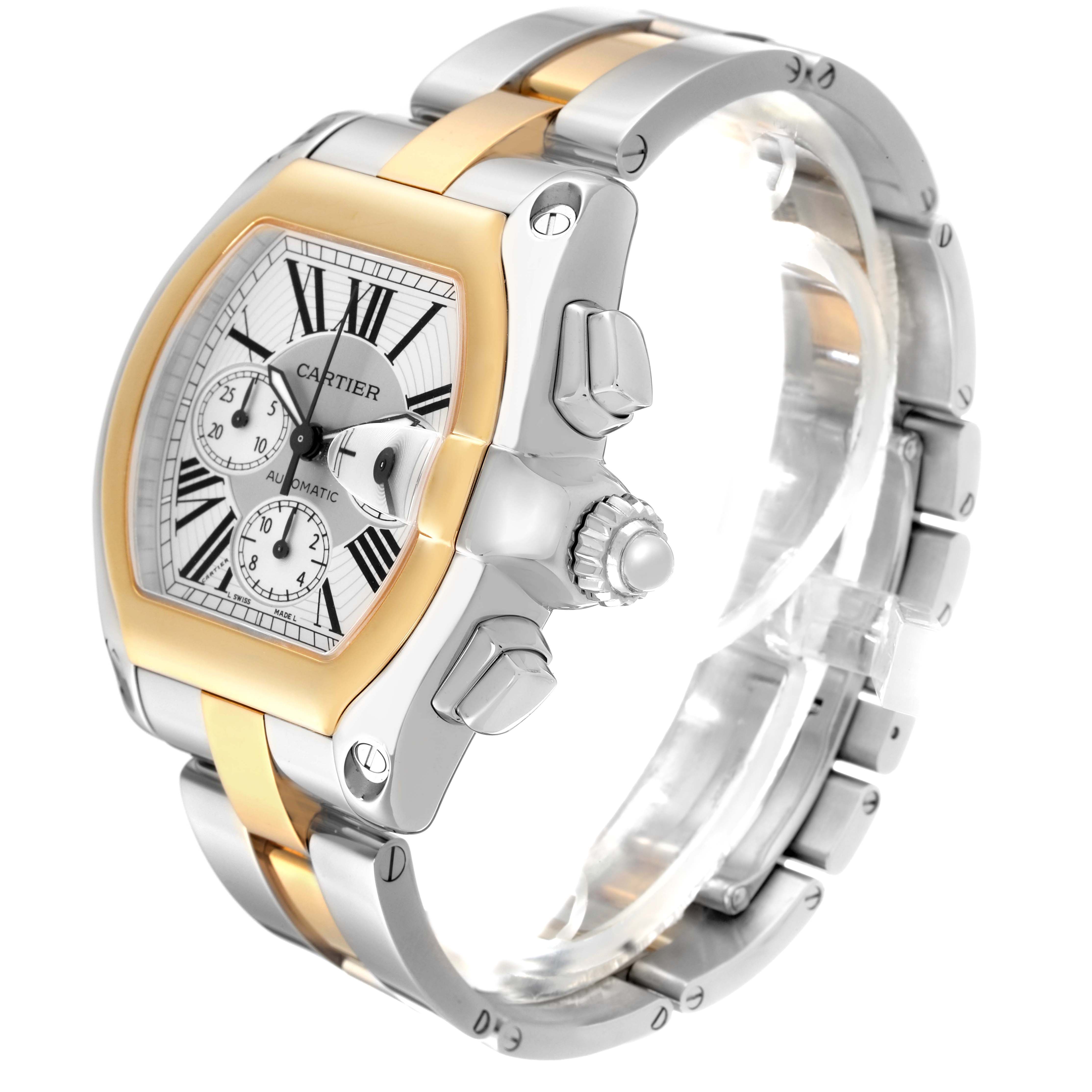 The Cartier Roadster W62027Z1 Men's Steel and Gold (two tone) Silver Dial watch is shown at a three-quarter angle, highlighting its side, dial, and two-tone bracelet.
