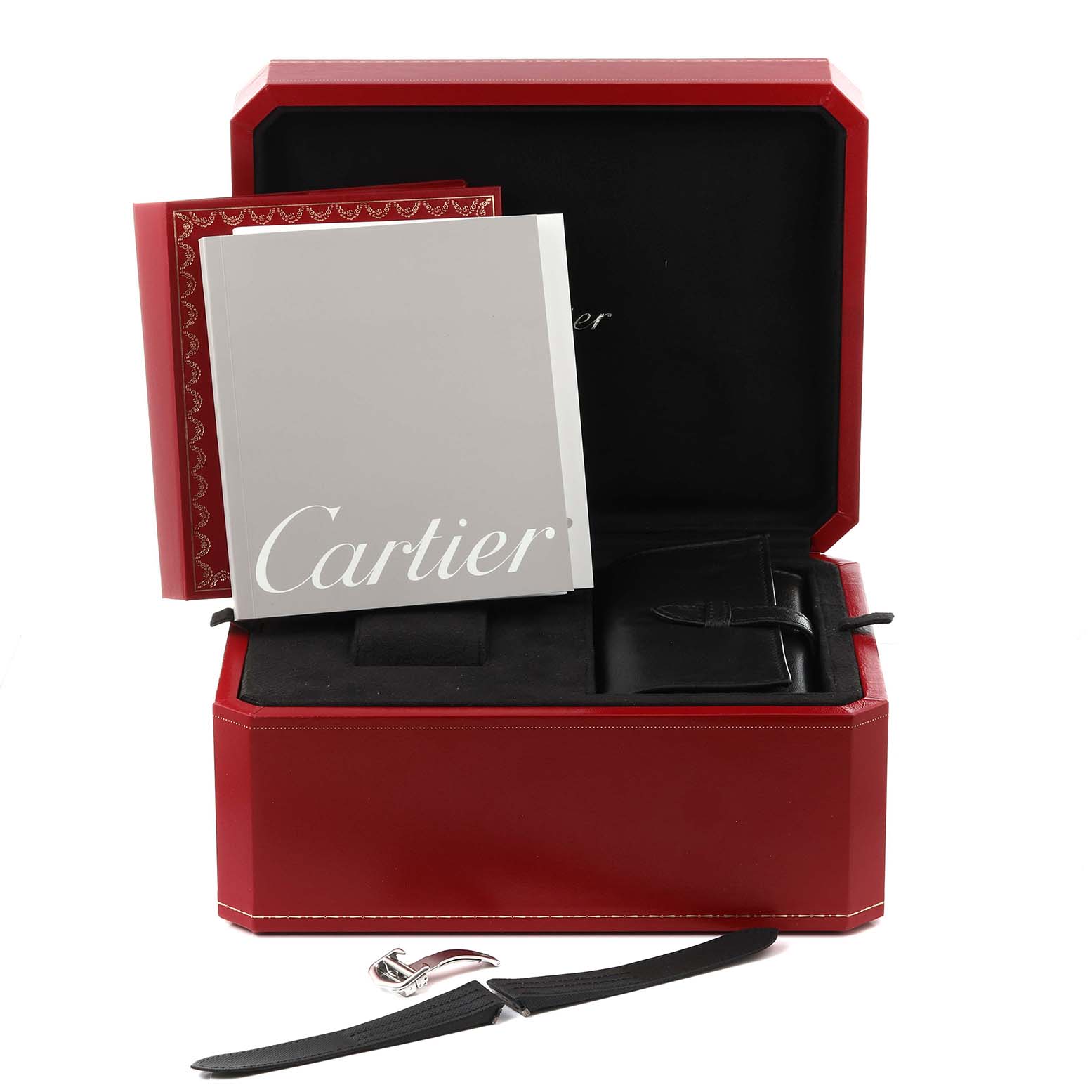 The Cartier Roadster W62027Z1 Men's Steel and Gold (two tone) Silver Dial accessories include a watch box, manual, leather pouch, and strap, shown from a front angle.