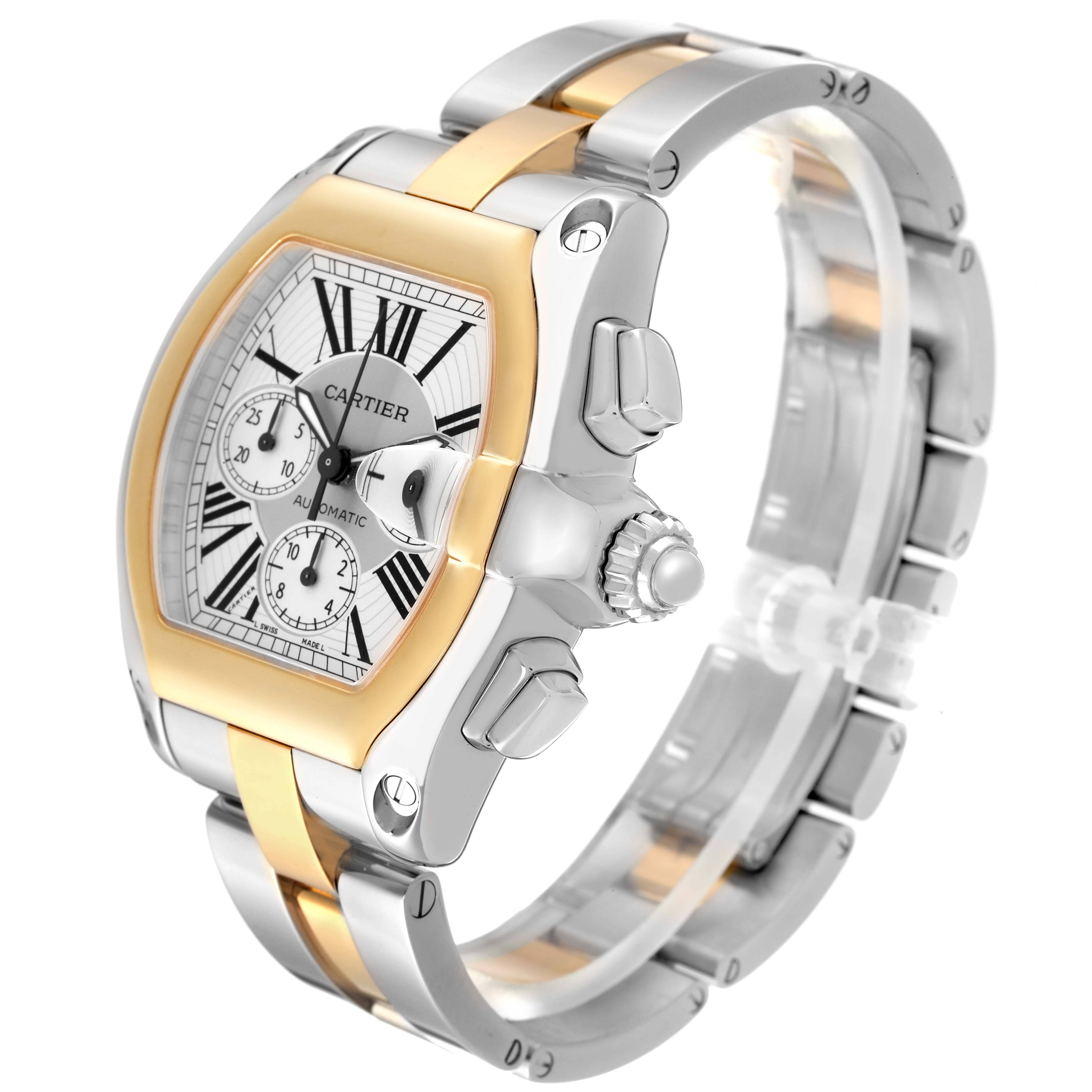 The Cartier Roadster W62027Z1 Men's Steel and Gold (two tone) Silver Dial W62027Z1 Men's Steel and Gold (two tone) Silver Dial watch is shown in a three-quarter angle highlighting the face, crown, and metal band.