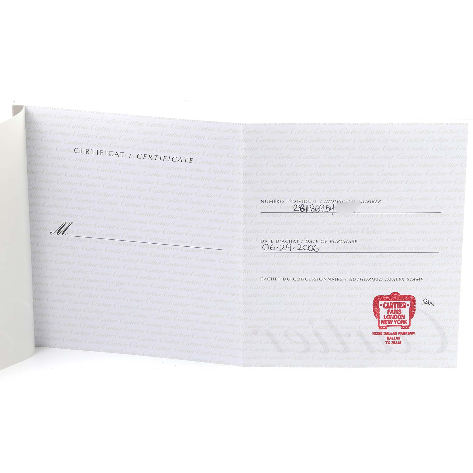 The image shows an open certificate for a Cartier Roadster W62027Z1 Men's Steel and Gold (two tone) Silver Dial watch with purchase details and an authorized dealer stamp.