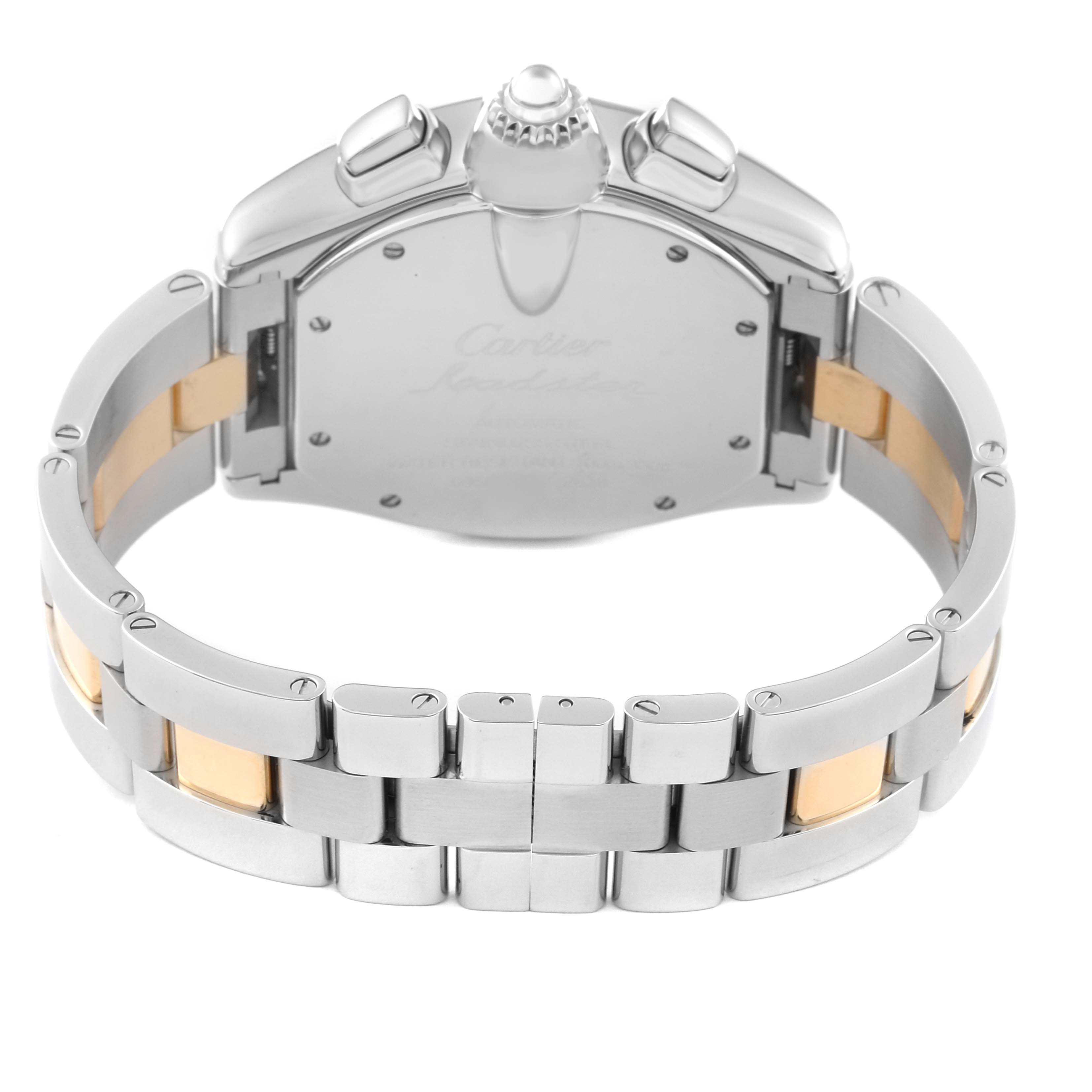 The Cartier Roadster W62027Z1 Men's Steel and Gold (two tone) Silver Dial W62027Z1 Men's Steel and Gold (two tone) Silver Dial watch is shown from the back, highlighting the case back and bracelet.