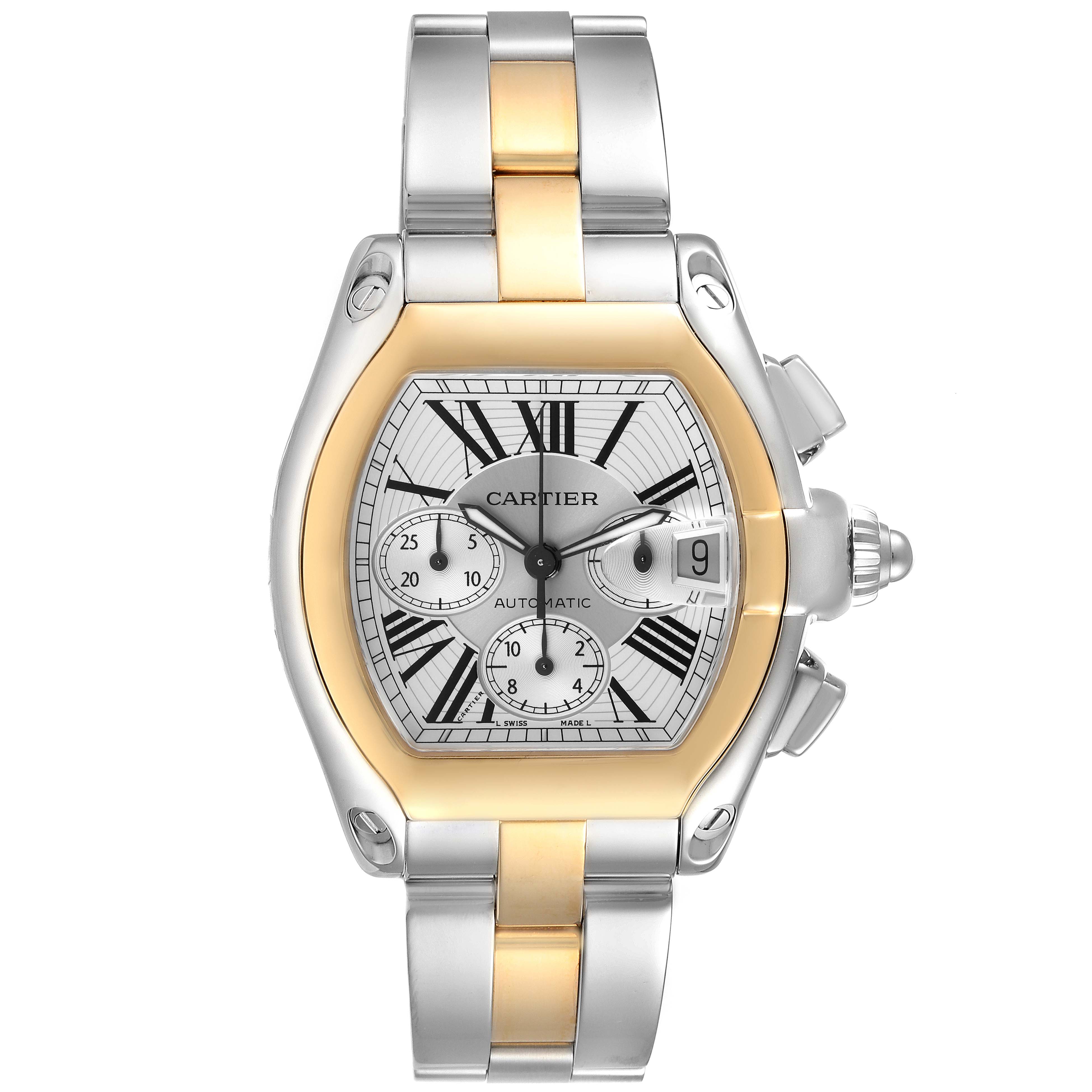 The Cartier Roadster W62027Z1 Men's Steel and Gold (two tone) Silver Dial W62027Z1 Men's Steel and Gold (two tone) Silver Dial watch is shown from a top-down angle, highlighting the dial, case, and bracelet.