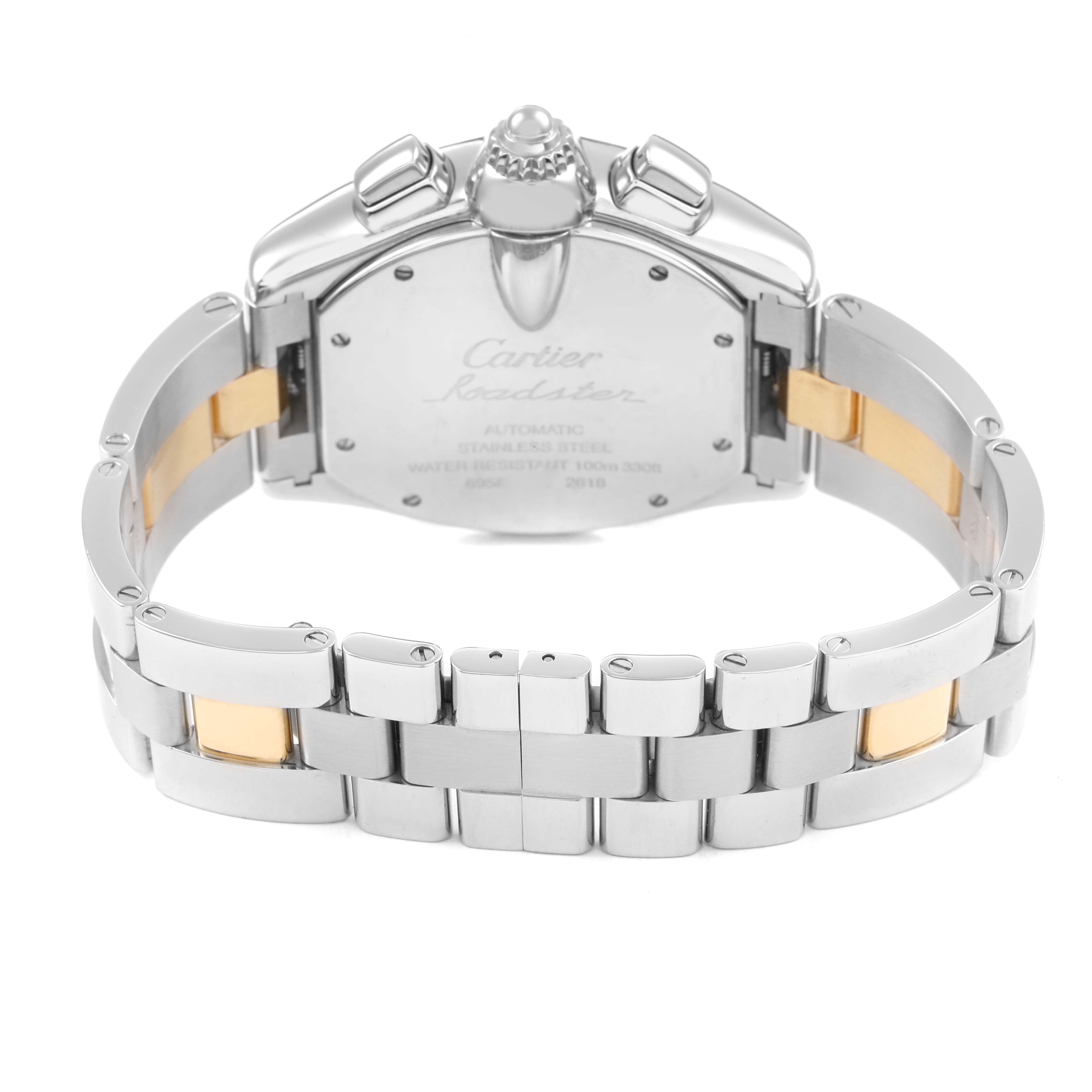 The image shows the back case and bracelet of a Cartier Roadster W62027Z1 Men's Steel and Gold (two tone) Silver Dial watch, highlighting the clasp and links in a rear view.