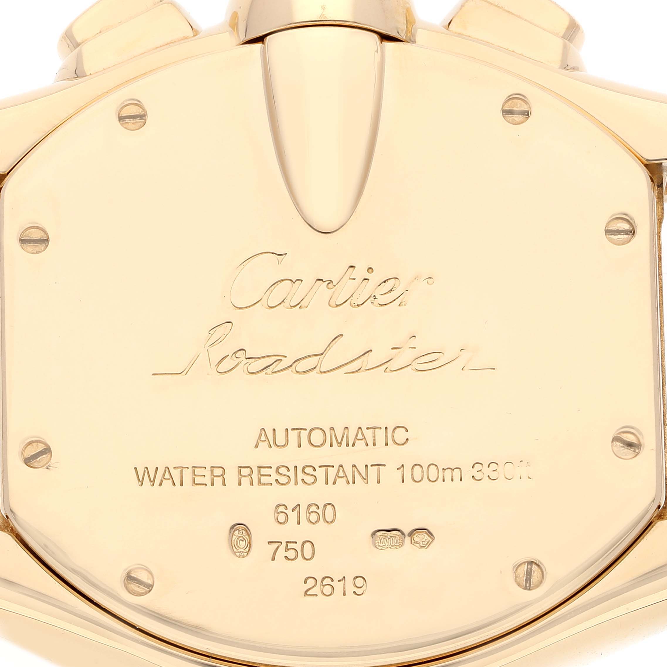 This image shows the rear view of the Cartier Roadster W62021Y3 Men's Yellow Gold Silver Dial W62021Y3 Men's Yellow Gold Silver Dial watch, highlighting the back cover with engraved details.