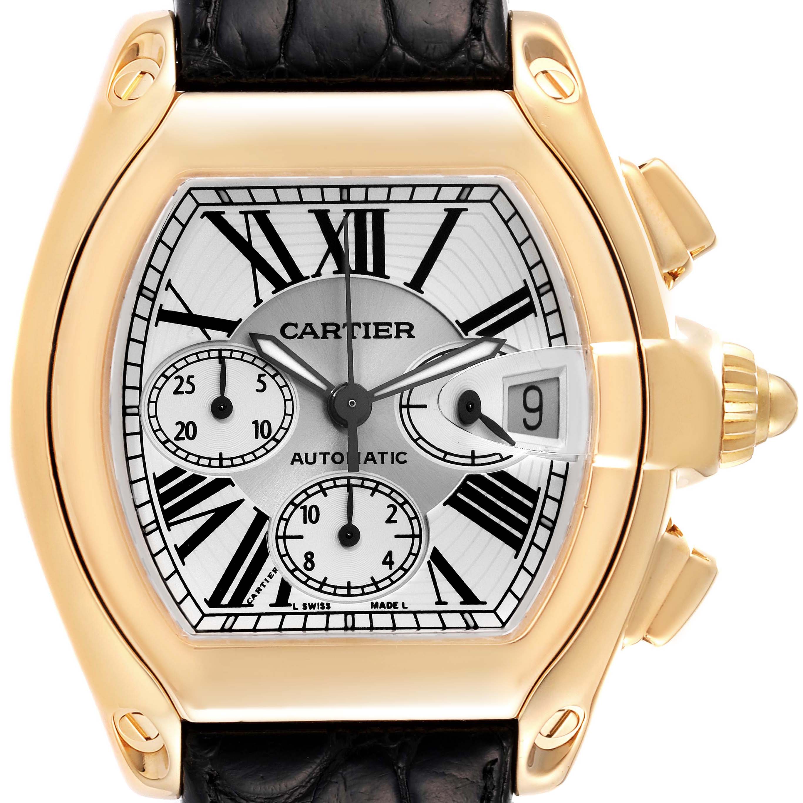 This is a frontal view of the Cartier Roadster W62021Y3 Men's Yellow Gold Silver Dial W62021Y3 Men's Yellow Gold Silver Dial watch, displaying its dial, Roman numerals, date window, and chronograph subdials.