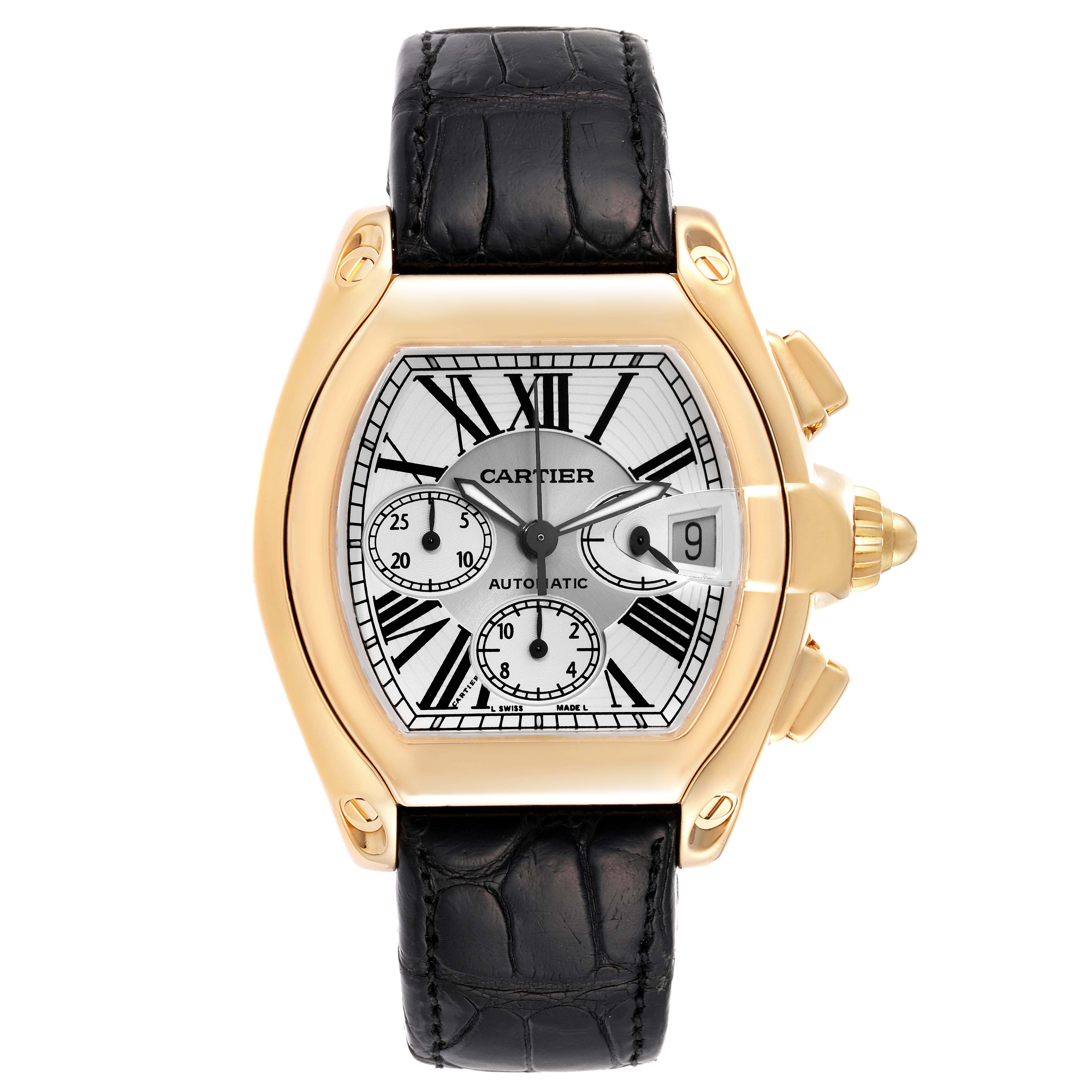 This is a frontal view of the Cartier Roadster W62021Y3 Men's Yellow Gold Silver Dial W62021Y3 Men's Yellow Gold Silver Dial watch, showing the dial, leather strap, and side buttons.